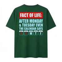 A dark green t-shirt viewed from the back with a sarcastic daily calendar quote in light blue and red.