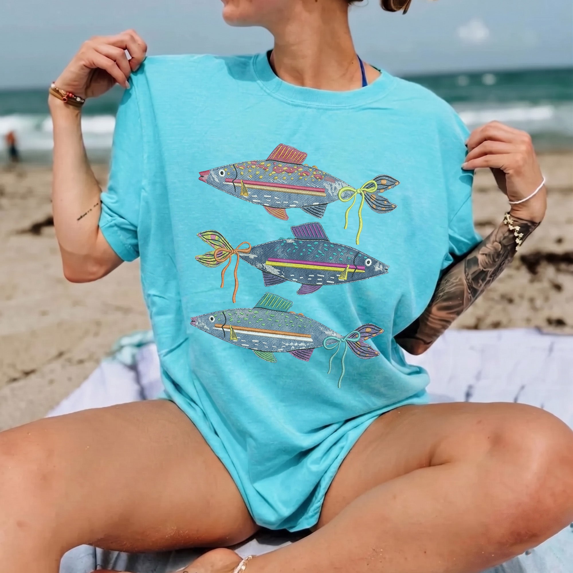 Bojjico Women's Preppy Denim Fish Shirt Coquette Bow Oversized Graphic T-Shirt Colorful Maximalist Summer Vacation Beach Tee Pink Cotton Blend Funny Fishing Top Casual Loose Fit Short Sleeve Coastal Aesthetic Trendy Outfit