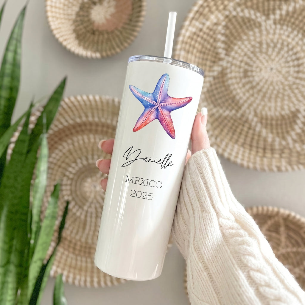 Bojjico Custom Personalized Name Vacation Tumbler 20oz Skinny Tumbler With Straw For Women Preppy Tropical Beach Aesthetic White Stainless Steel Matching Girls Trip Bachelorette Spring Break Summer Travel Essentials Gift Cup