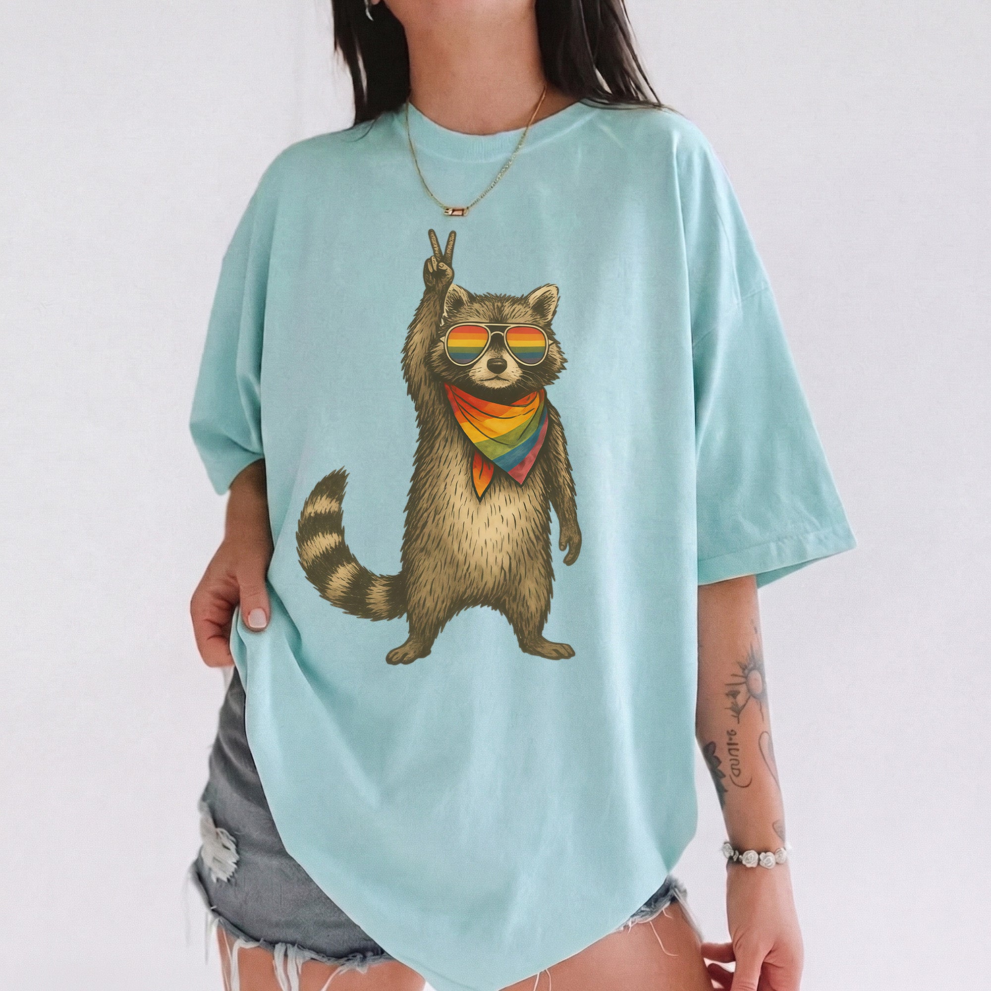 Bojjico Raccoon Pride LGBT Shirt Oversized Graphic Tee Top Women's Y2K Casual Streetwear Funny Novelty Cream Off-White Cotton Blend LGBTQ Support Equality Shirt Pride Month Rainbow Flag Summer Short Sleeve Basic T-Shirt