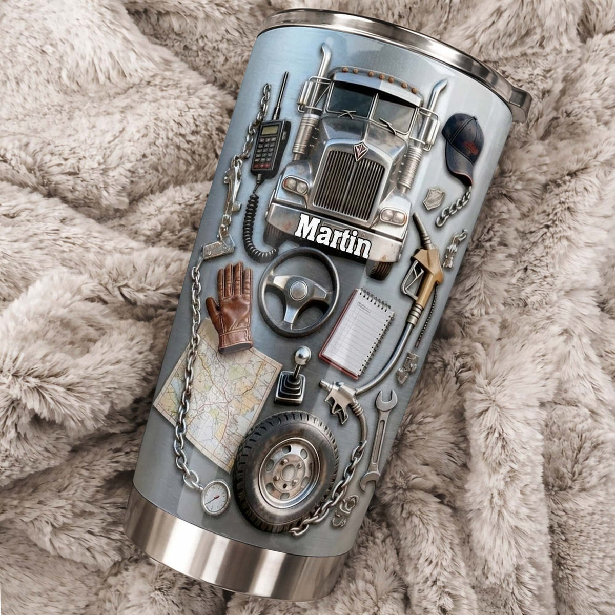 3D Trucker Semi Truck Tumbler, Personalized Custom Name Stainless Steel Tumbler, Truck Driver Gift f on a hanger, ready to ship from Austin, Texas