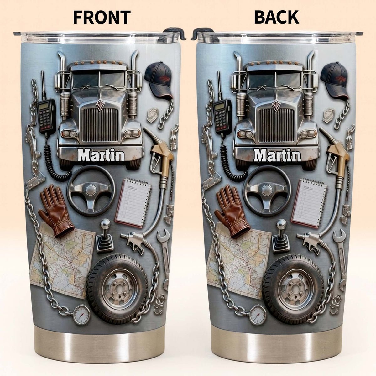 Customer in Austin, Texas wearing 3D Trucker Semi Truck Tumbler, Personalized Custom Name Stainless Steel Tumbler, Truck Driver Gift f