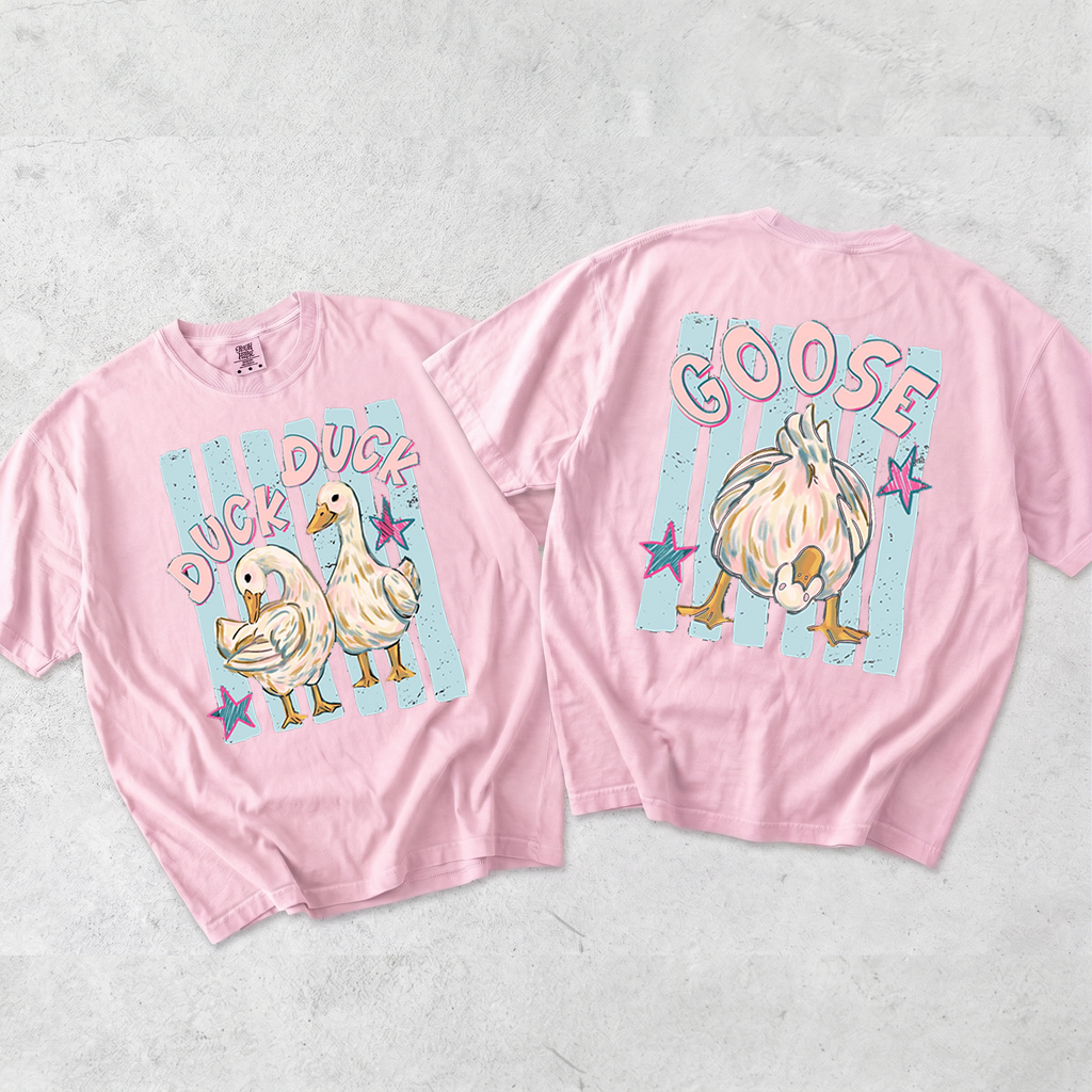 BojjiCo Trending Catch Phrase Shirt Duck Duck Goose Guess What Shirt Cute Brushstroke Duck Graphic Tee Summer Beach Vintage Tee Girly Boutique Tee Aesthetic Trendy Coppy Cute Birds Double Sided Print Short Sleeve T-Shirt