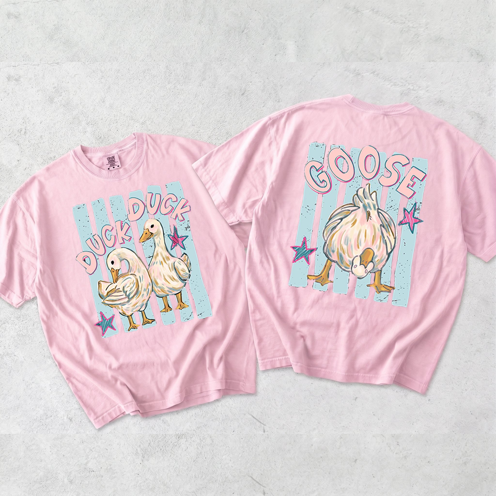 BojjiCo Trending Catch Phrase Shirt Duck Duck Goose Guess What Shirt Cute Brushstroke Duck Graphic Tee Summer Beach Vintage Tee Girly Boutique Tee Aesthetic Trendy Coppy Cute Birds Double Sided Print Short Sleeve T-Shirt