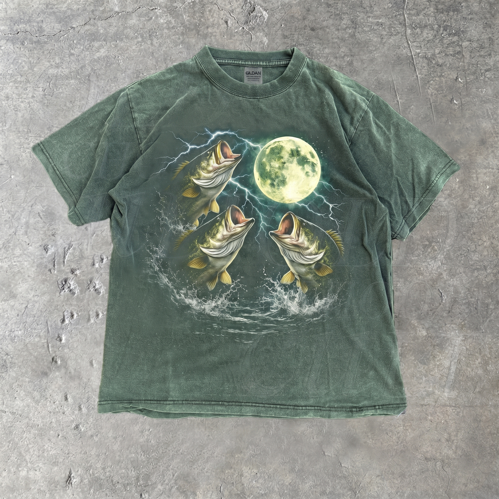 BojjiCo Bass Fish Moon 90s Vintage Graphic T Shirt Retro Largemouth Bass Fishing Tee Fisher Gifts Acid Oversized Aesthetic Comfort Colors T-Shirt Outdoor Top Perfect Fisher Gifts Vintage Oversized Aesthetic Lightning Fish T-Shirt