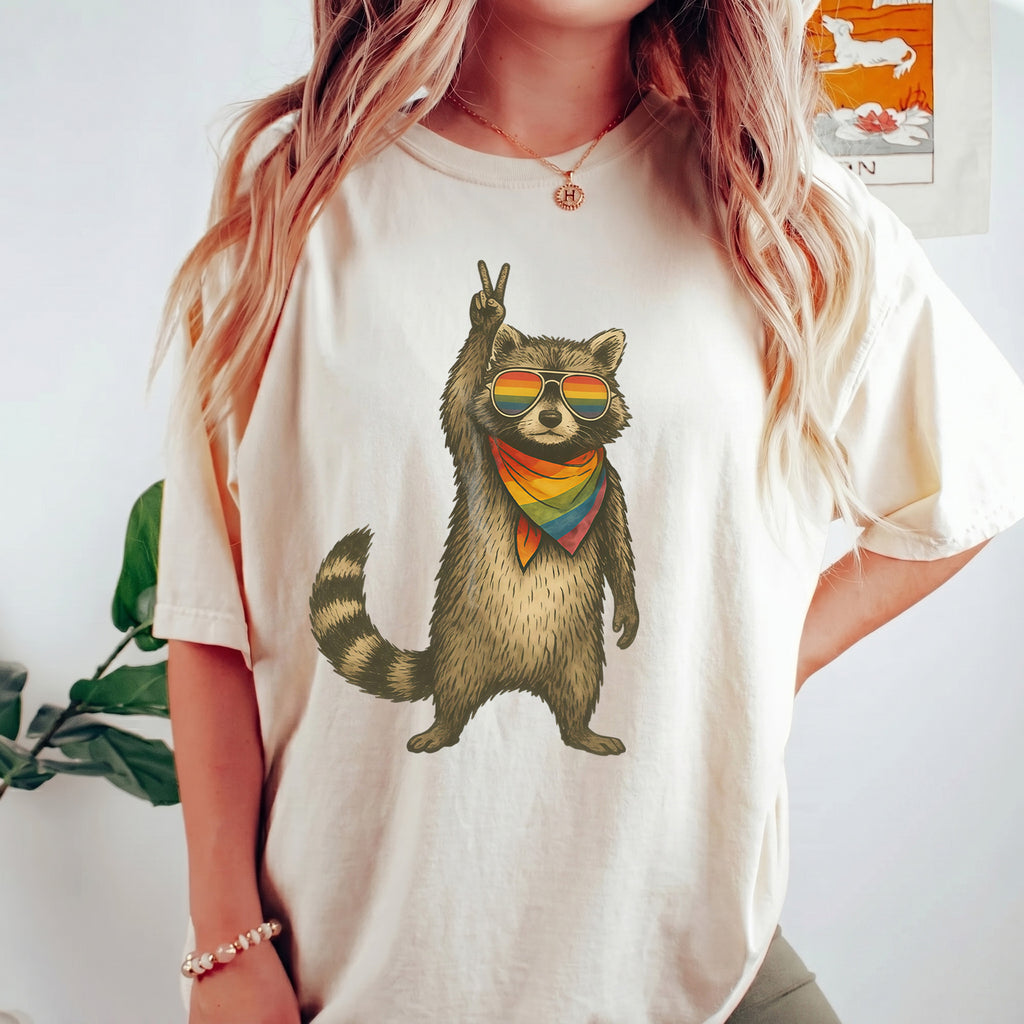 Bojjico Raccoon Pride LGBT Shirt Oversized Graphic Tee Top Women's Y2K Casual Streetwear Funny Novelty Cream Off-White Cotton Blend LGBTQ Support Equality Shirt Pride Month Rainbow Flag Summer Short Sleeve Basic T-Shirt