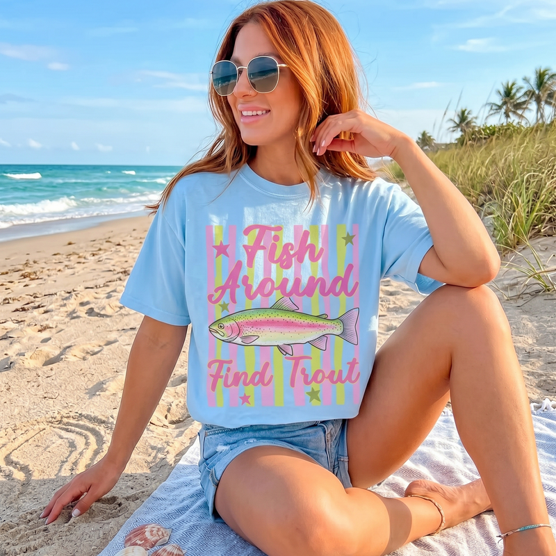 BojjiCo Fish Around Find Trout Lake Day Girl Trip Meme Graphic T-Shirt For Women And Men Preppy Retro Funny Aesthetic Cotton Colorful Rainbow Fish Print Outdoor Bass Fishing Lover Apparel Perfect Novelty Gift For Anglers Summer Casual Top