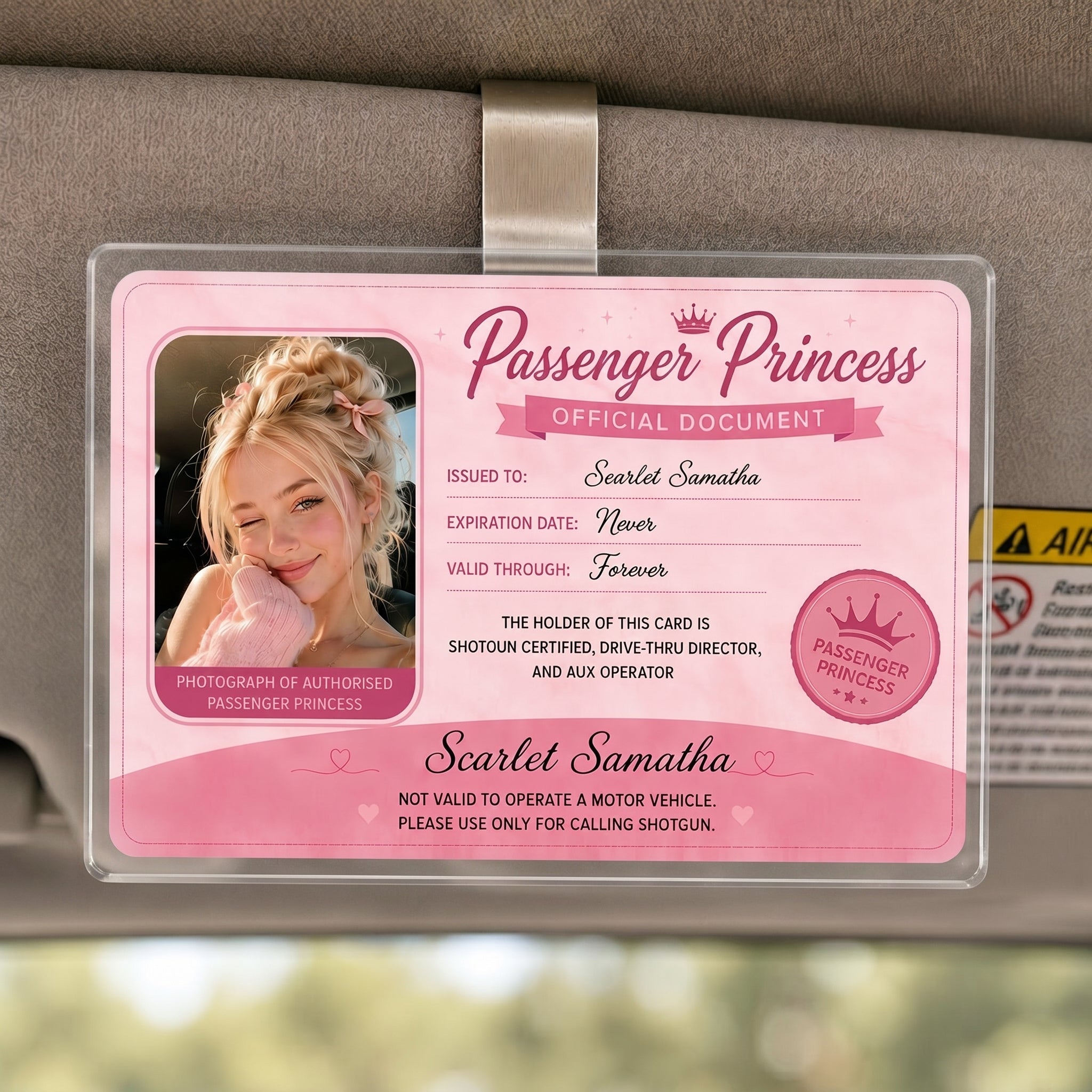 Bojjico Viral Personalized Passenger Princess Official Document Car Visor Clip Custom Photo And Name ID Badge Holder For Girlfriend Cute Pink Coquette Aesthetic Clear Acrylic Funny Car Accessories Gift Shotgun Rider Meme Gag Gifts