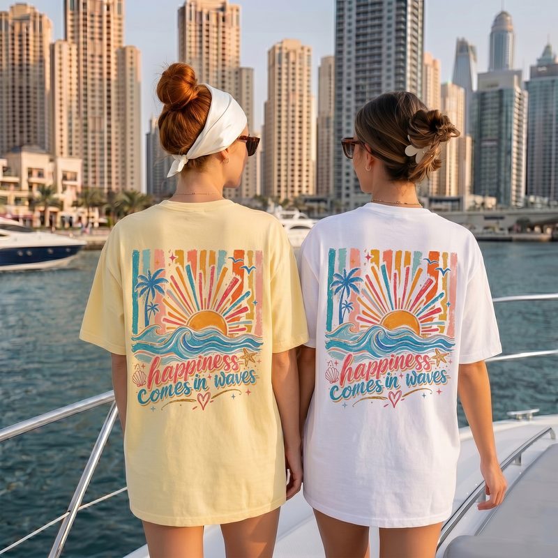 BojjiCo Happiness Comes In Waves Colorful Graphic T-Shirt For Women Oversized Retro Summer Vibes Pale Yellow Cotton Drop Shoulder Top Positive Joyful Vacation Tees Cute Preppy Casual Comfort Outfit Everyday Wear Aesthetic Fashion