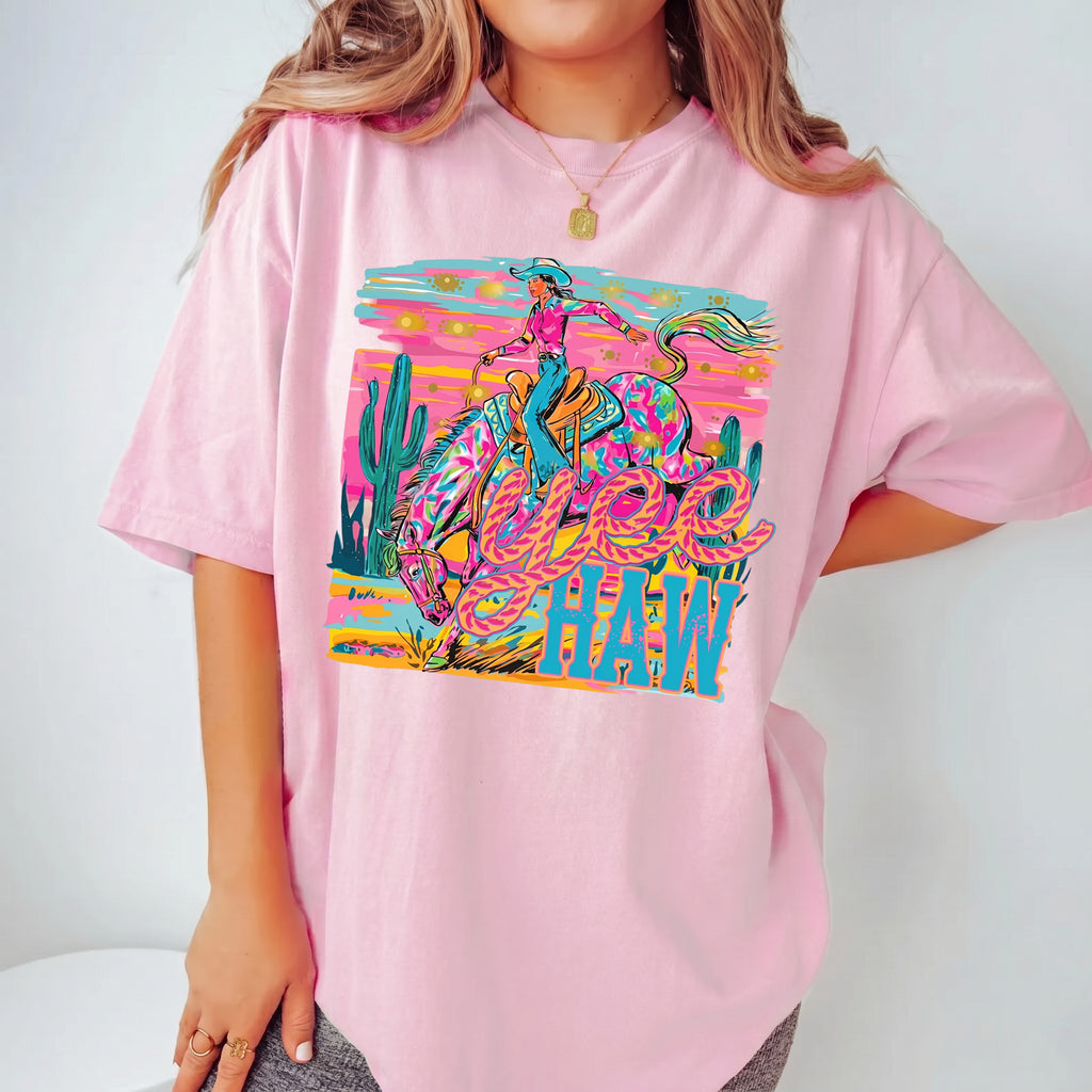 Bojjico Neon Yeehaw Graphic Oversized T-Shirt For Women Retro Westerncore Electric Cowgirl Cream Cotton Blend Trendy Country Concert Outfit Preppy Y2K Festival Top Rodeo Night Nashville Bachelorette Party Boutique Tee