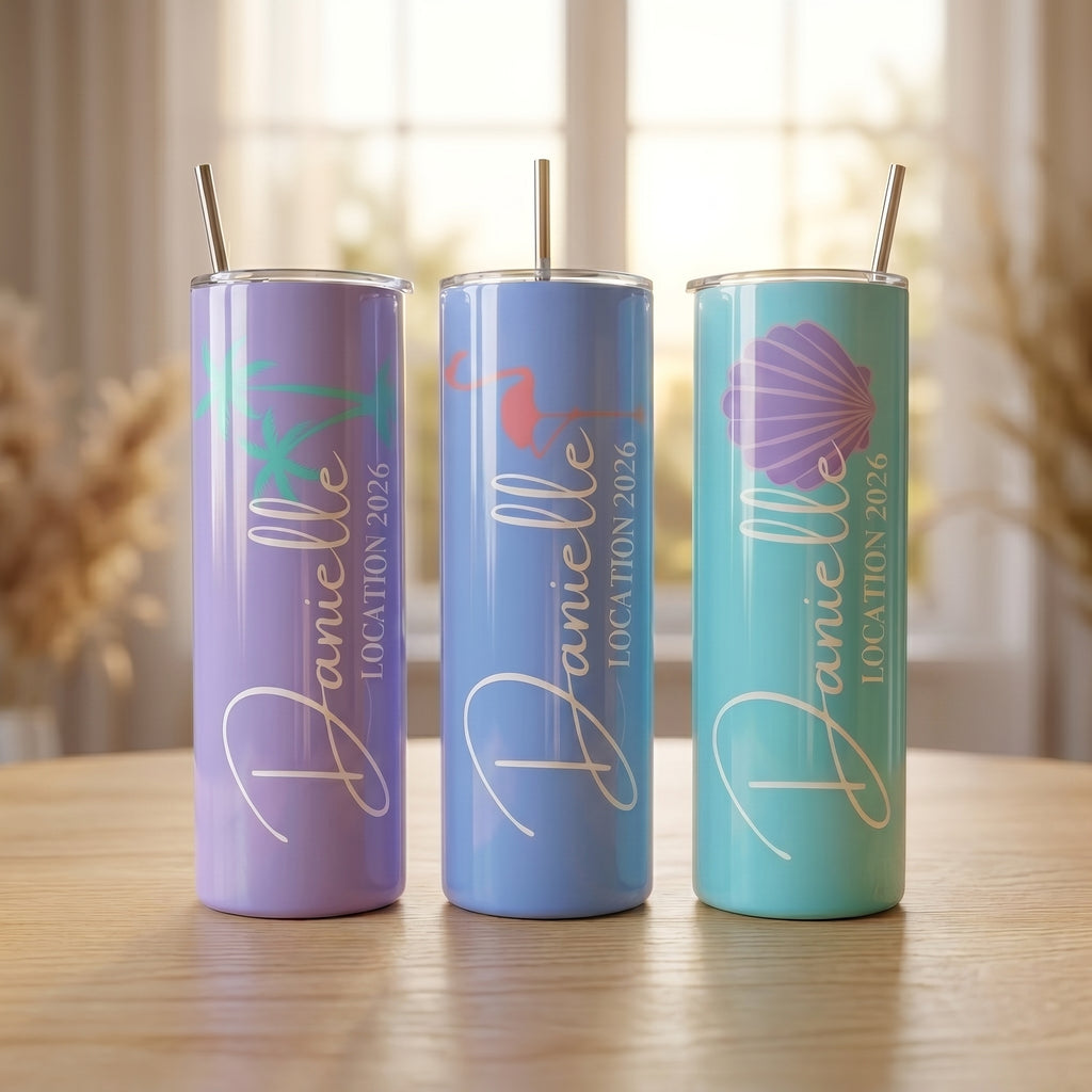 Bojjico Personalized Name Vacation Tumbler 20oz Skinny Tumbler With Straw For Women Custom Preppy Tropical Beach Pineapple Dolphin Aesthetic White Stainless Steel Matching Girls Trip Bachelorette Spring Break Summer Travel Essentials Gift Cup