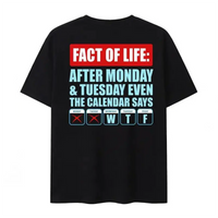 The back of a black t-shirt featuring a red and blue sarcastic work humor graphic.