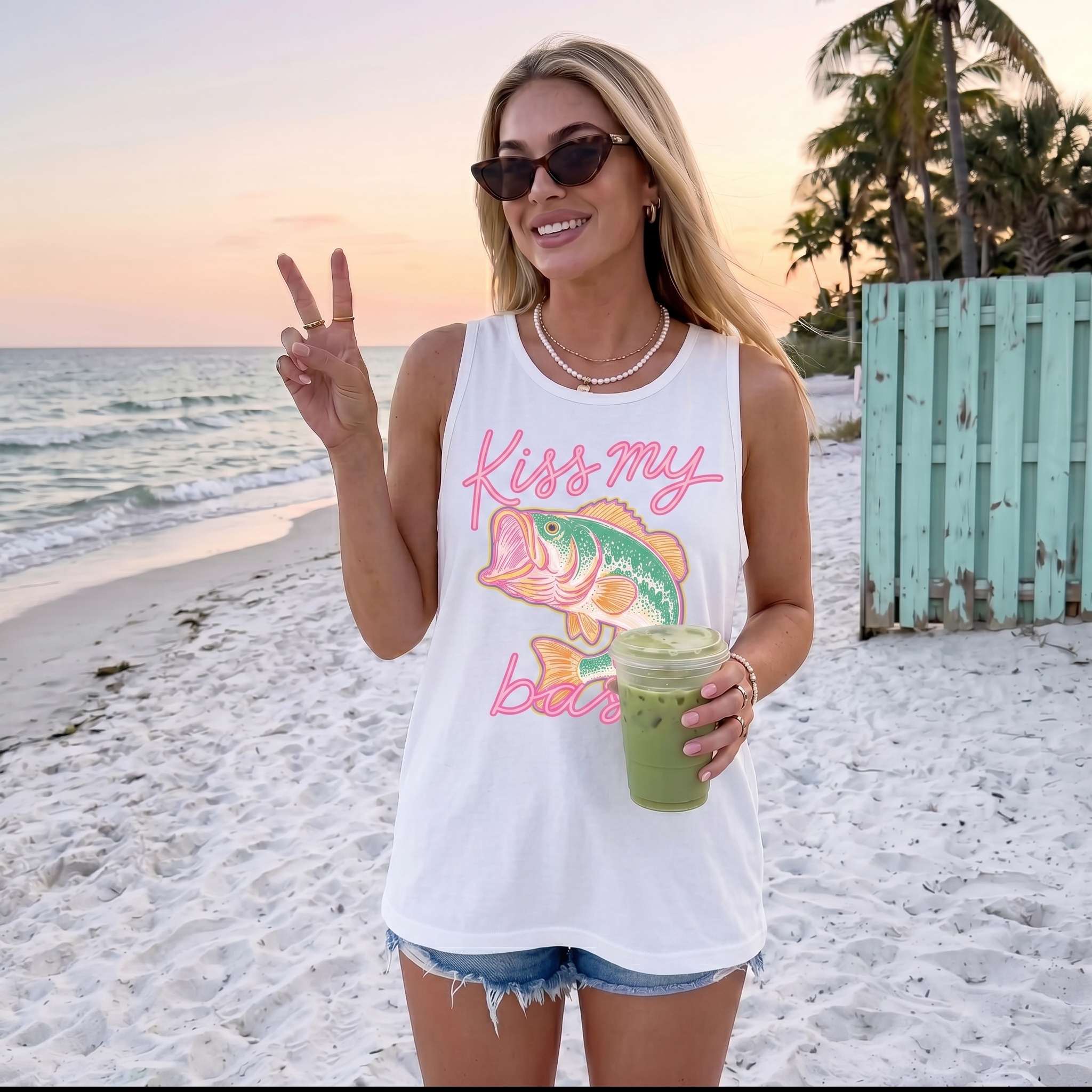 BojjiCo Kiss My Bass Funny Fishing Graphic Tank Top For Women Preppy Retro Beachcore Coastal Grandma Lake Life Aesthetic Outdoor Shirt Blue Cotton Summer Vacation Coastal Cowgirl Trendy Fisherman Gift Idea Apparel