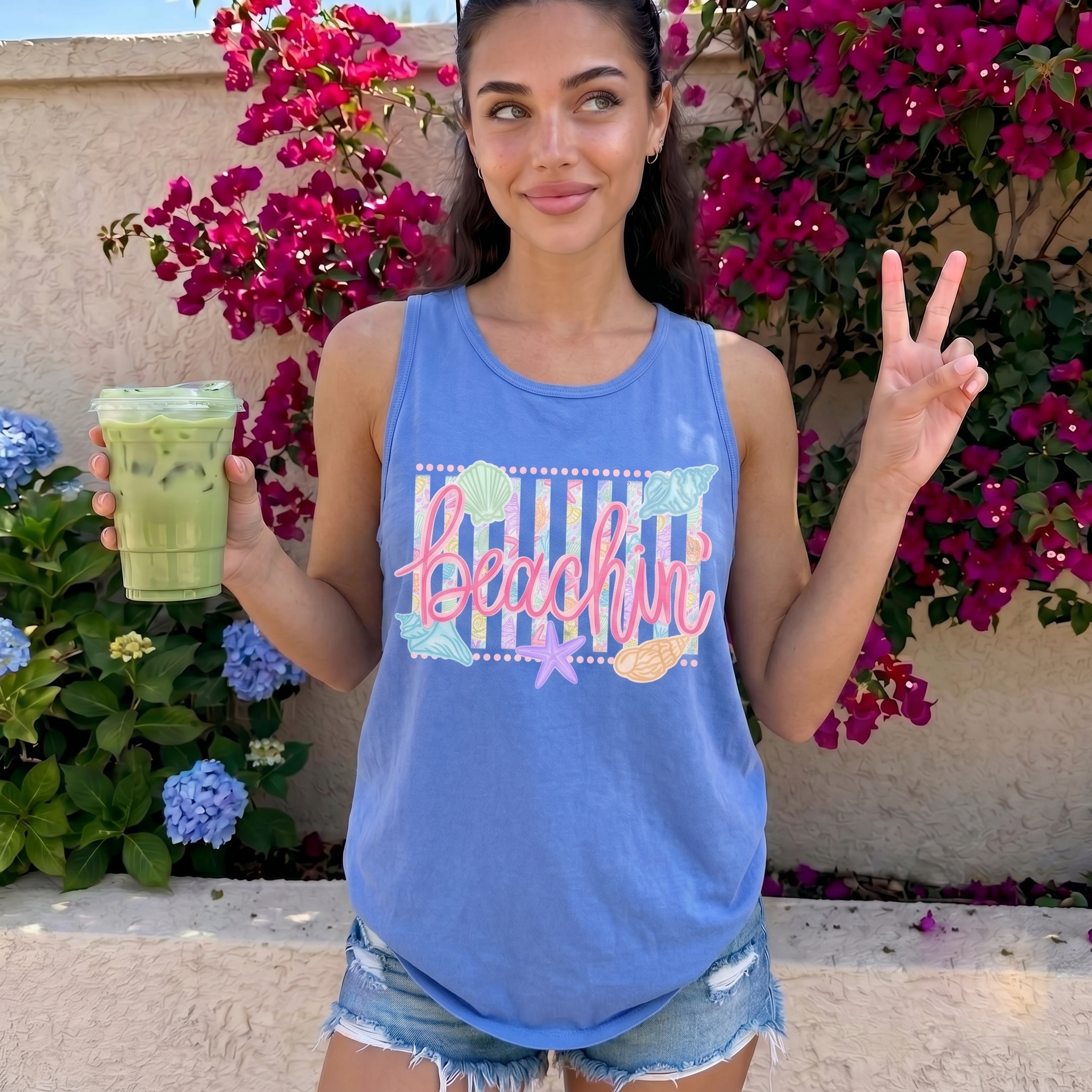 BojjiCo Trendy Beachin' Tank Graphic Tee For Women Coastal Aesthetic Tropical Coquette Violet Washed Cotton Summer Vacation Top Womens Beach Shirts Retro Neon Trendy Stripes Fit Festival Wear