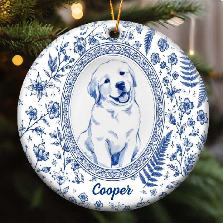 Custom Pet Portrait Floral Ceramic Christmas Ornament Personalized Dog and Cat Keepsake