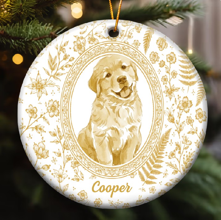 Custom Pet Portrait Floral Ceramic Christmas Ornament Personalized Dog and Cat Keepsake