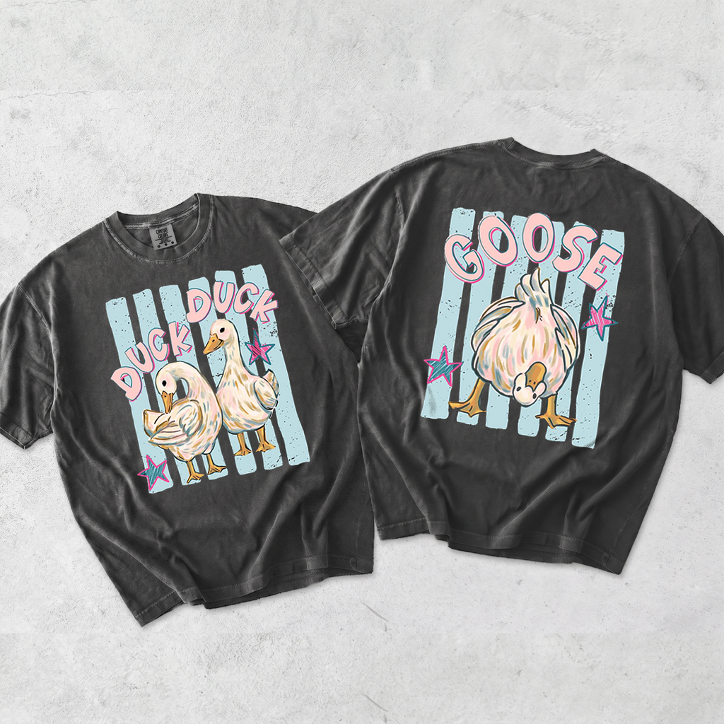 BojjiCo Trending Catch Phrase Shirt Duck Duck Goose Guess What Shirt Cute Brushstroke Duck Graphic Tee Summer Beach Vintage Tee Girly Boutique Tee Aesthetic Trendy Coppy Cute Birds Double Sided Print Short Sleeve T-Shirt