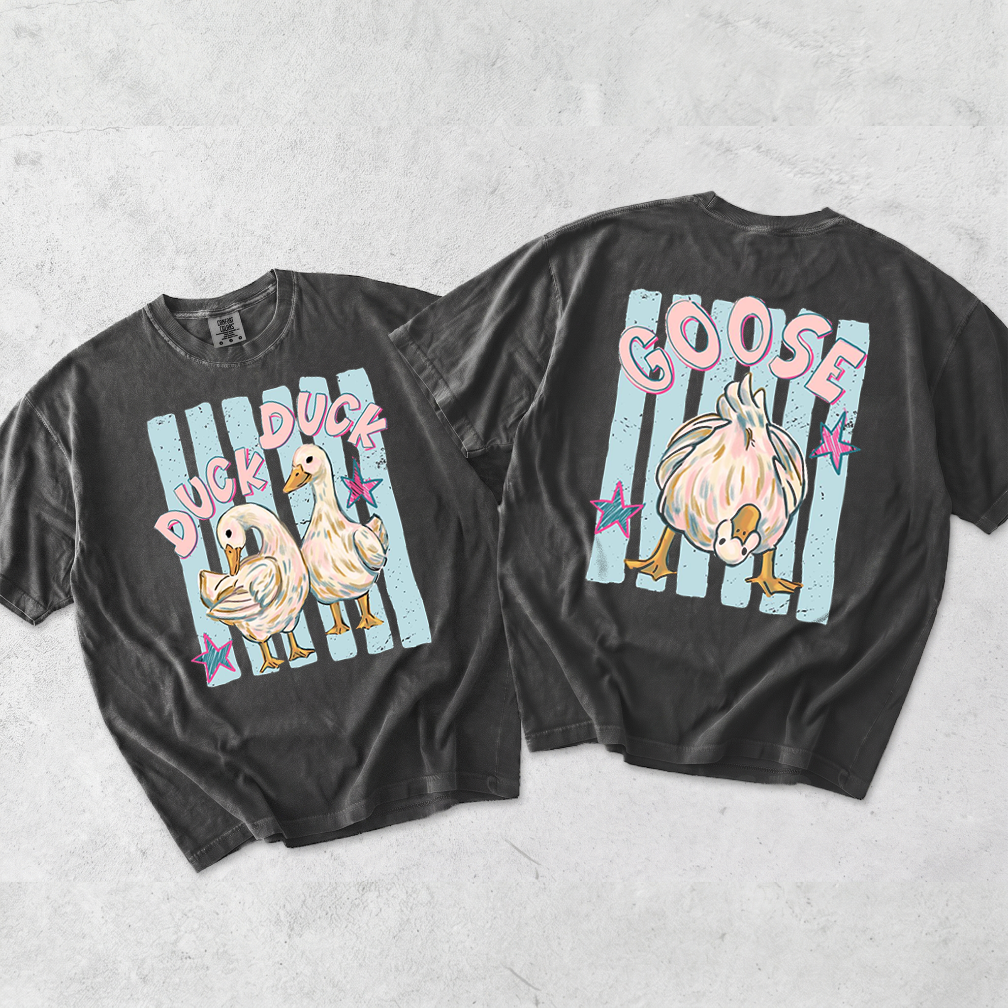 BojjiCo Trending Catch Phrase Shirt Duck Duck Goose Guess What Shirt Cute Brushstroke Duck Graphic Tee Summer Beach Vintage Tee Girly Boutique Tee Aesthetic Trendy Coppy Cute Birds Double Sided Print Short Sleeve T-Shirt