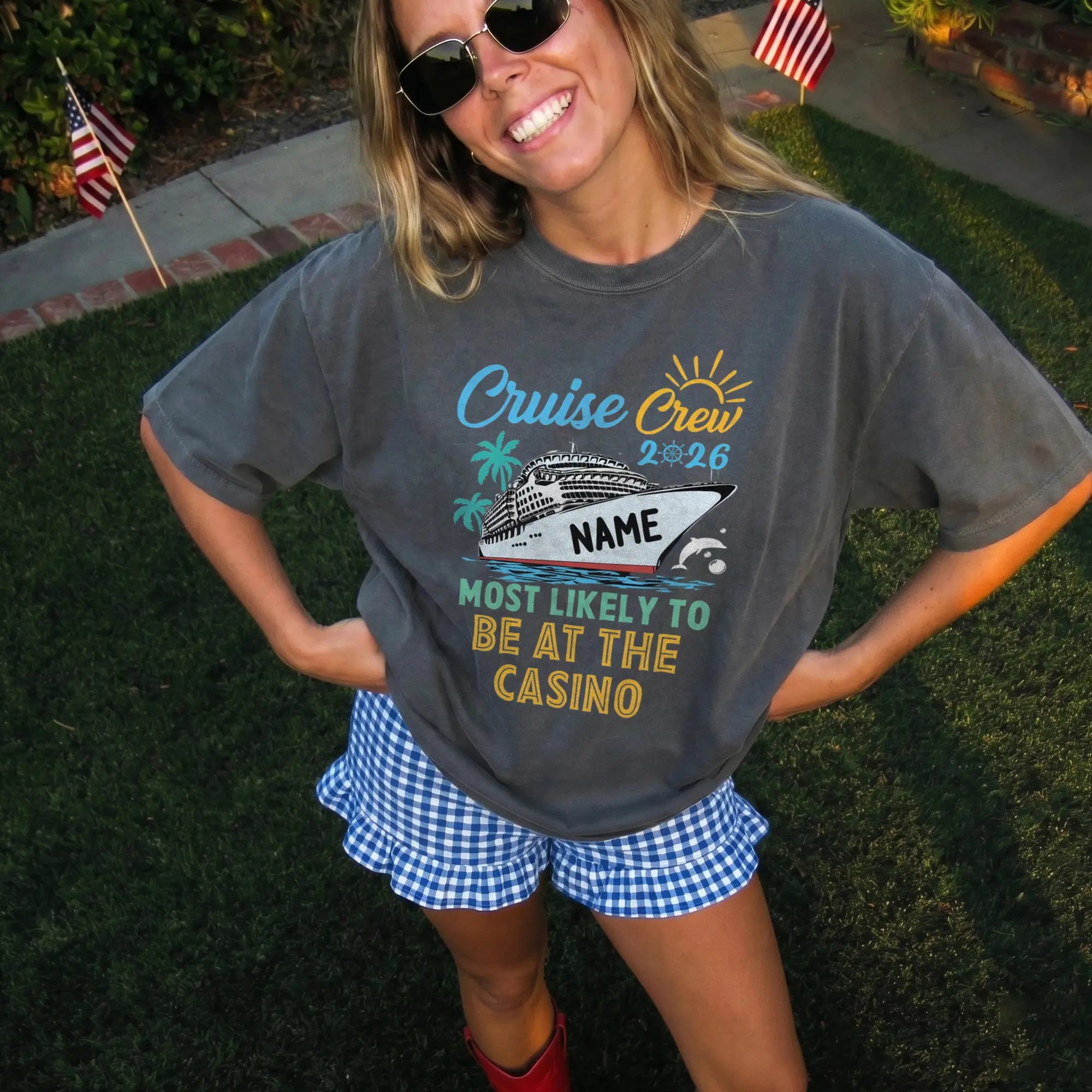 Bojjico Custom Cruise Crew 2026 Matching Group T-Shirt For Women Funny Most Likely To Casino Graphic Tee Preppy Bridal Swimwear Beach Cover Up Bachelorette Honeymoon Gift Light Yellow Cotton Personalized Bride Vacation Top