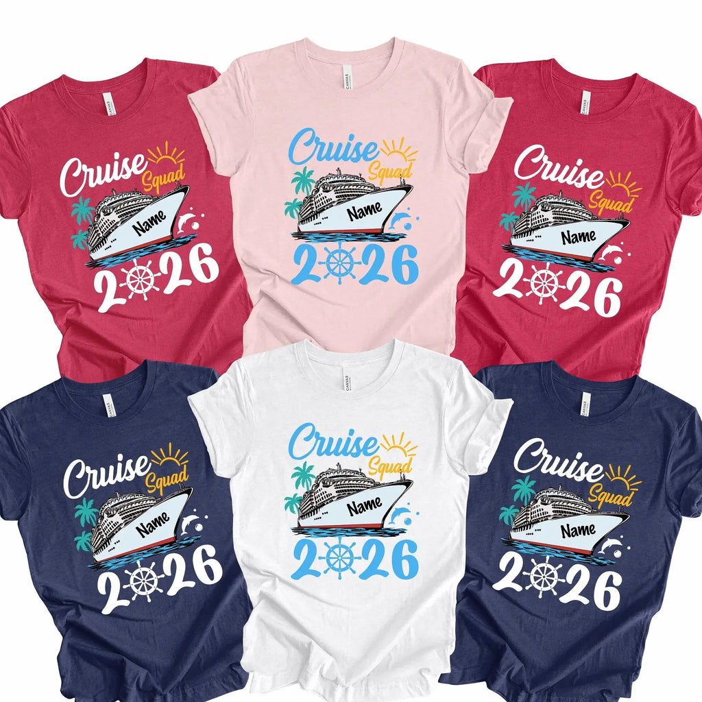 Bojjico Custom Cruise Squad 2026 Family Matching T-Shirts Vacation Group Cotton Tees Tropical Nautical Aesthetic Red Pink Navy White Personalized Holiday Apparel Ship Wheel Ocean Getaway Souvenir Shirts For Men Women Kids