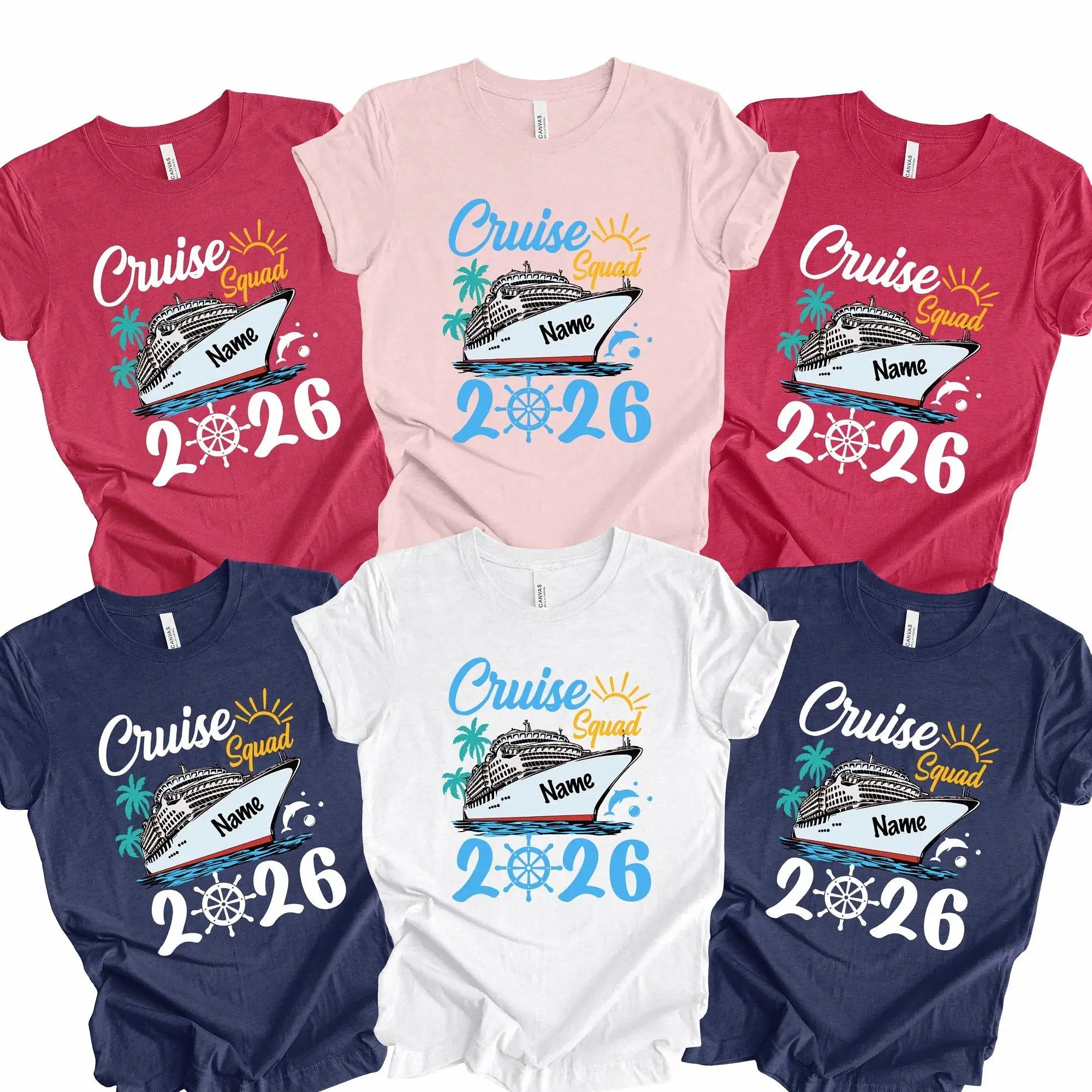 Bojjico Custom Cruise Squad 2026 Family Matching T-Shirts Vacation Group Cotton Tees Tropical Nautical Aesthetic Red Pink Navy White Personalized Holiday Apparel Ship Wheel Ocean Getaway Souvenir Shirts For Men Women Kids