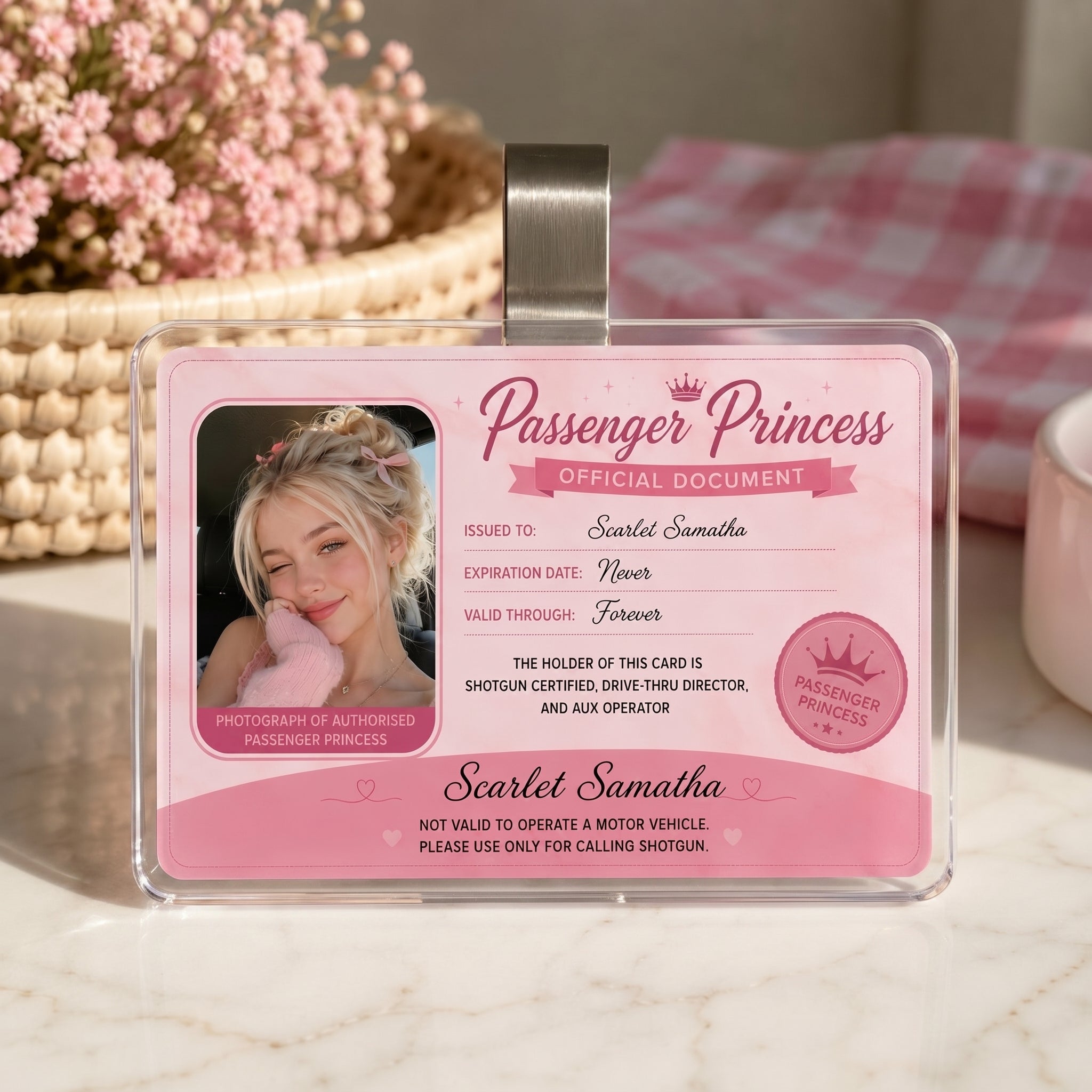 Bojjico Viral Personalized Passenger Princess Official Document Car Visor Clip Custom Photo And Name ID Badge Holder For Girlfriend Cute Pink Coquette Aesthetic Clear Acrylic Funny Car Accessories Gift Shotgun Rider Meme Gag Gifts