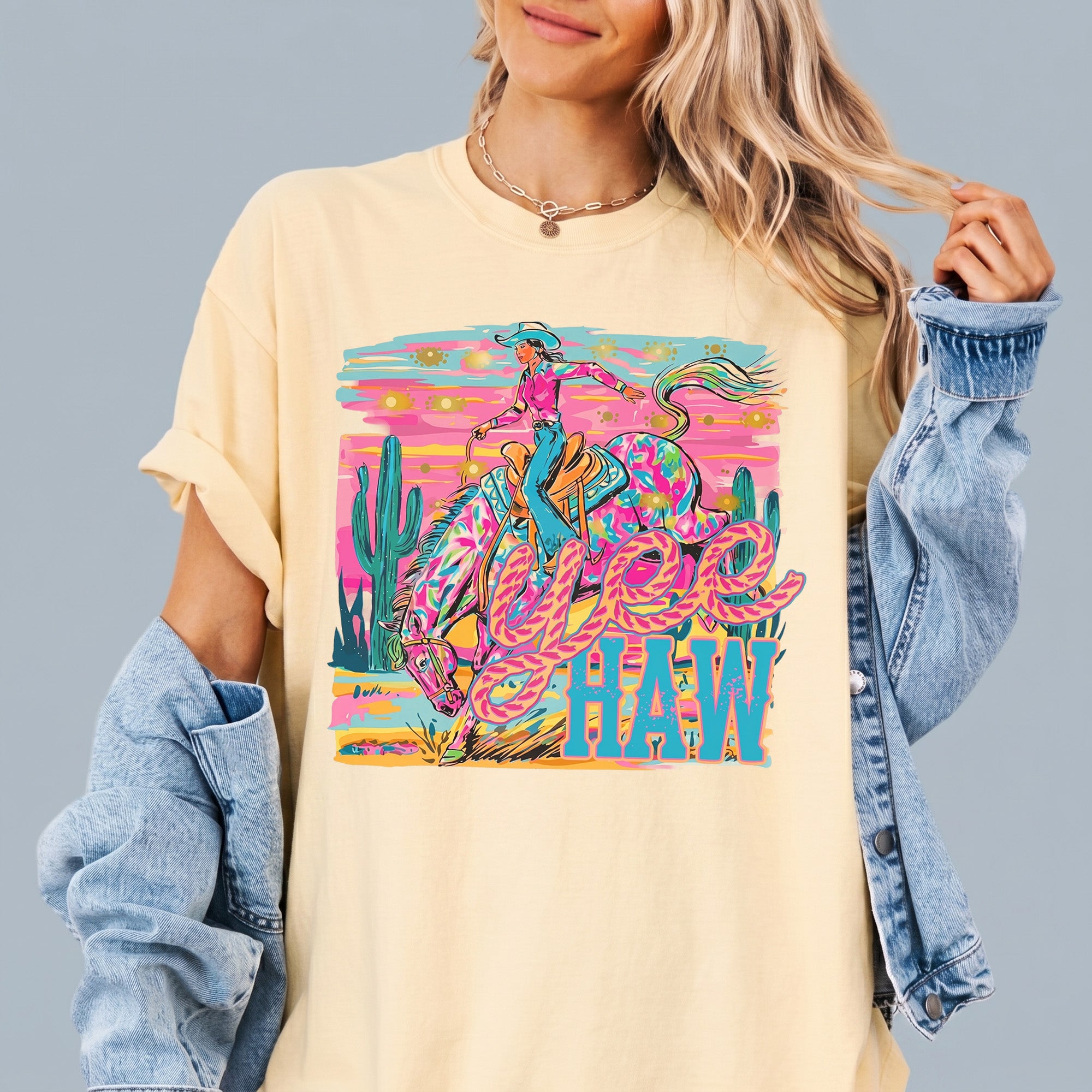 Bojjico Neon Yeehaw Graphic Oversized T-Shirt For Women Retro Westerncore Electric Cowgirl Cream Cotton Blend Trendy Country Concert Outfit Preppy Y2K Festival Top Rodeo Night Nashville Bachelorette Party Boutique Tee