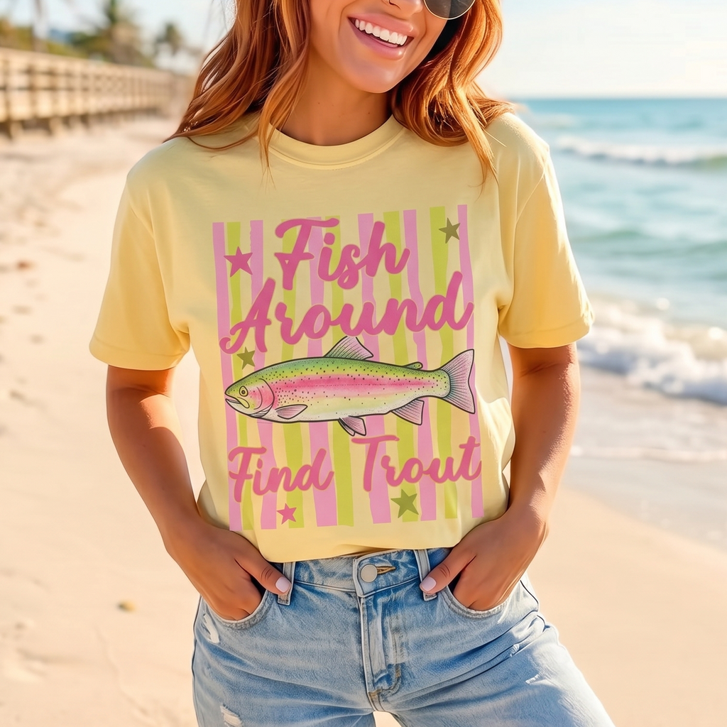 BojjiCo Fish Around Find Trout Lake Day Girl Trip Meme Graphic T-Shirt For Women And Men Preppy Retro Funny Aesthetic Cotton Colorful Rainbow Fish Print Outdoor Bass Fishing Lover Apparel Perfect Novelty Gift For Anglers Summer Casual Top