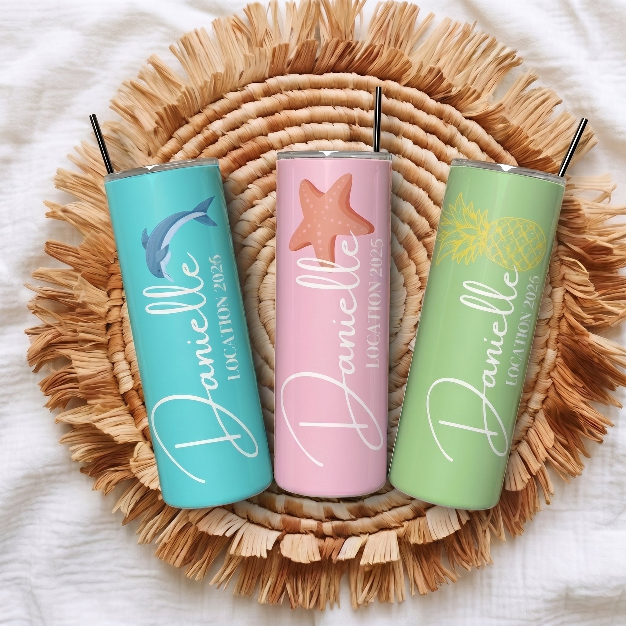 Bojjico Personalized Name Vacation Tumbler 20oz Skinny Tumbler With Straw For Women Custom Preppy Tropical Beach Pineapple Dolphin Aesthetic White Stainless Steel Matching Girls Trip Bachelorette Spring Break Summer Travel Essentials Gift Cup