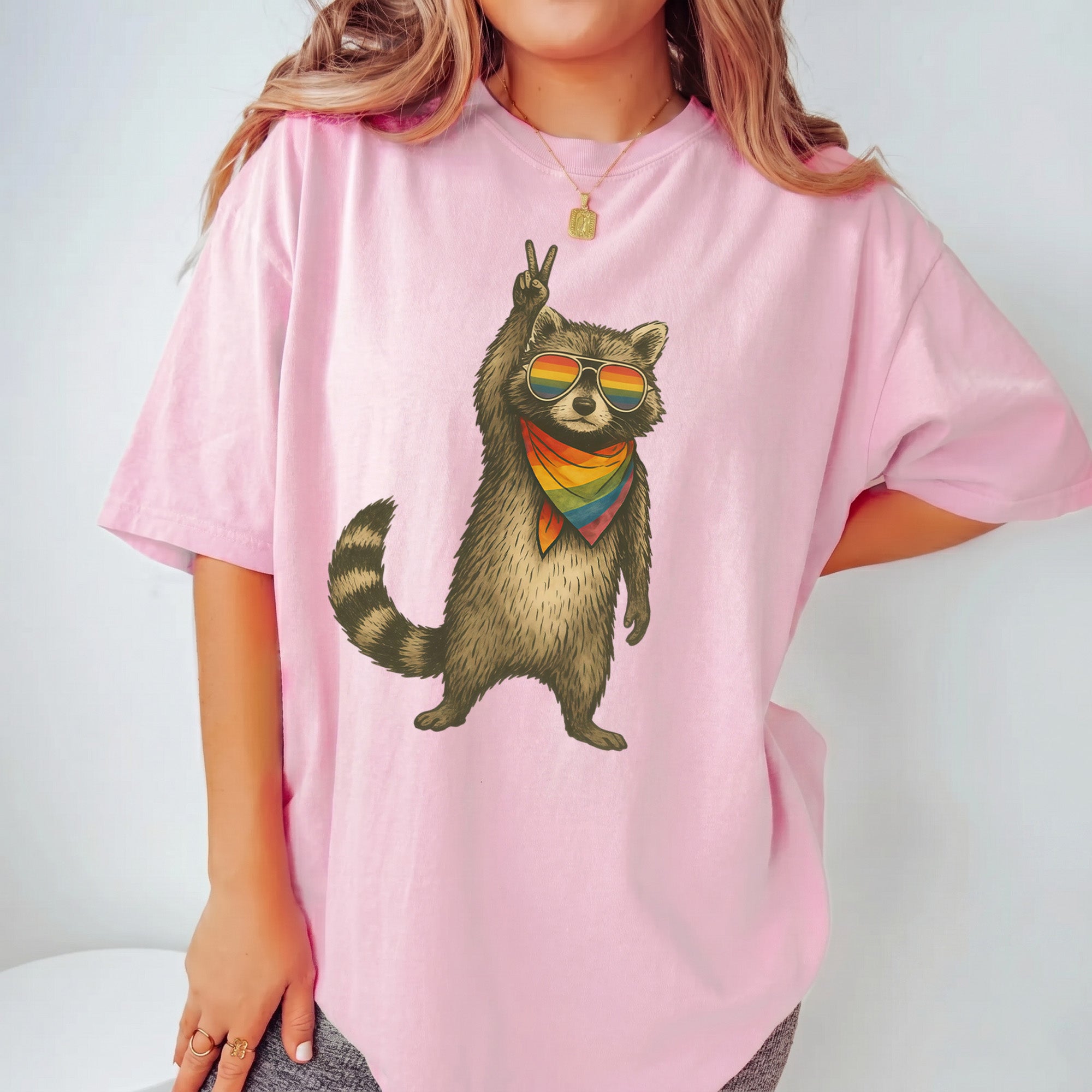 Bojjico Raccoon Pride LGBT Shirt Oversized Graphic Tee Top Women's Y2K Casual Streetwear Funny Novelty Cream Off-White Cotton Blend LGBTQ Support Equality Shirt Pride Month Rainbow Flag Summer Short Sleeve Basic T-Shirt