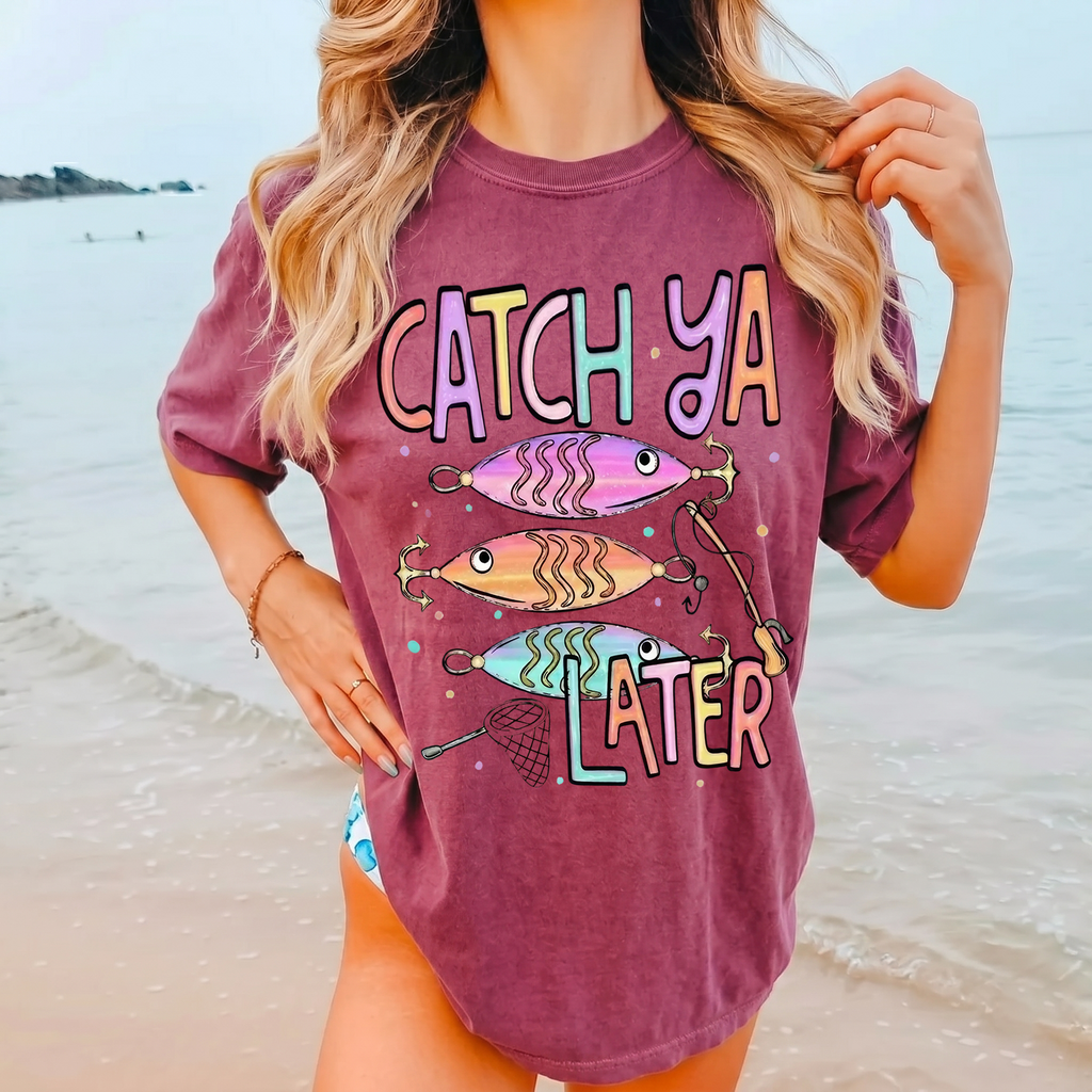 BojjiCo Catch Ya Later Fishing Shirt Pastel Fishing Summer Fishing Shirt Design Graphic Tee Preppy Coastal Lake Stripes Design Summer Vacation Aesthetic T-Shirt for Women Cute Outdoors Lake Life Clothing