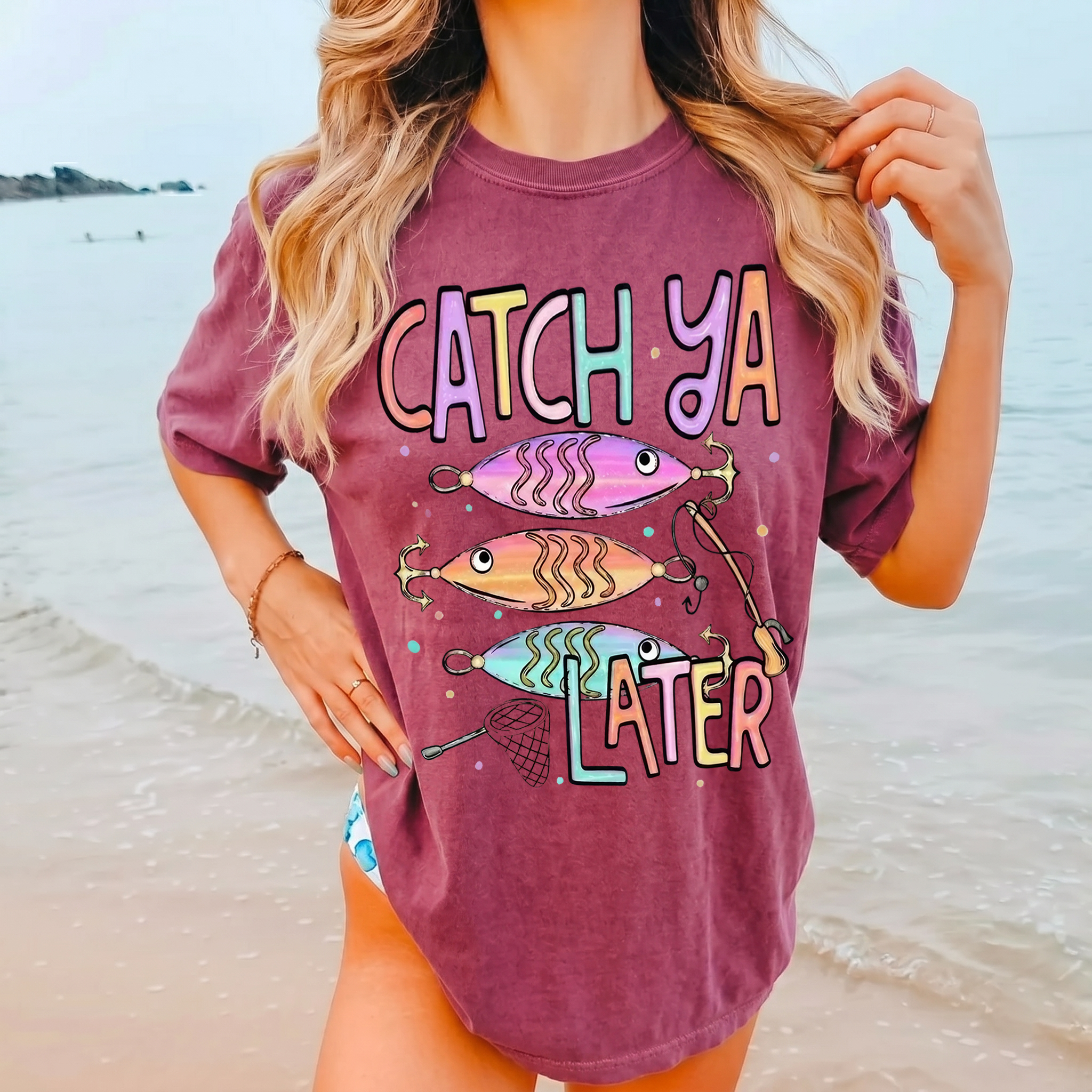 BojjiCo Catch Ya Later Fishing Shirt Pastel Fishing Summer Fishing Shirt Design Graphic Tee Preppy Coastal Lake Stripes Design Summer Vacation Aesthetic T-Shirt for Women Cute Outdoors Lake Life Clothing