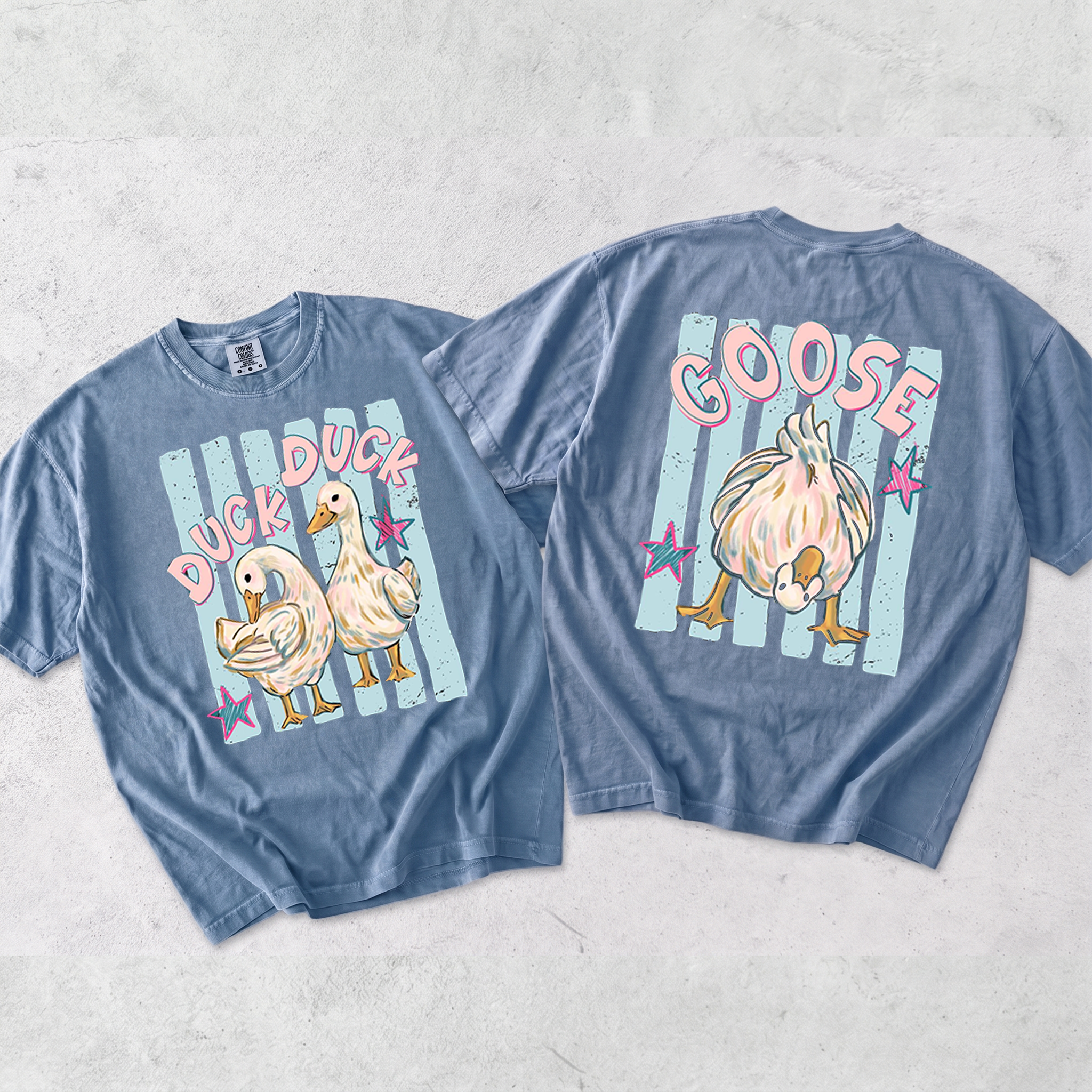 BojjiCo Trending Catch Phrase Shirt Duck Duck Goose Guess What Shirt Cute Brushstroke Duck Graphic Tee Summer Beach Vintage Tee Girly Boutique Tee Aesthetic Trendy Coppy Cute Birds Double Sided Print Short Sleeve T-Shirt