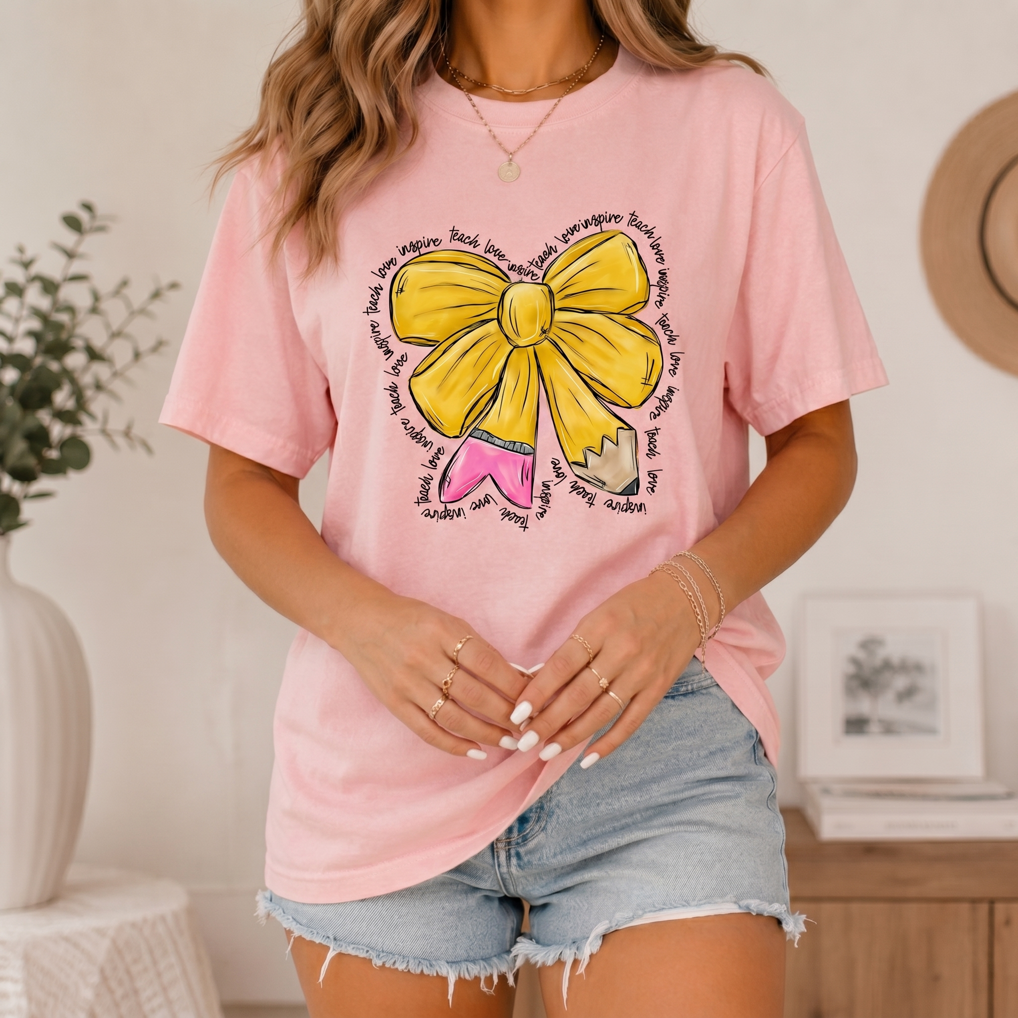 Bojjico Teach Love Inspire Pencil Bow Teachers Shirt Graphic Tee for Teachers Coquette Preppy Teacher Core Pastel Pink Cotton Back to School Teacher Appreciation Cute Outfit Oversized Comfort T-Shirt Gift for Educator 100 Days of School Retro Apparel