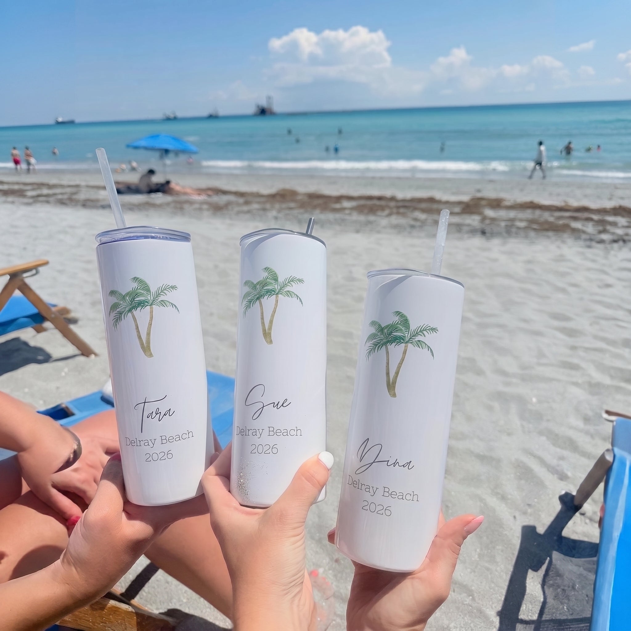 Bojjico Custom Personalized Name Vacation Tumbler 20oz Skinny Tumbler With Straw For Women Preppy Tropical Beach Aesthetic White Stainless Steel Matching Girls Trip Bachelorette Spring Break Summer Travel Essentials Gift Cup