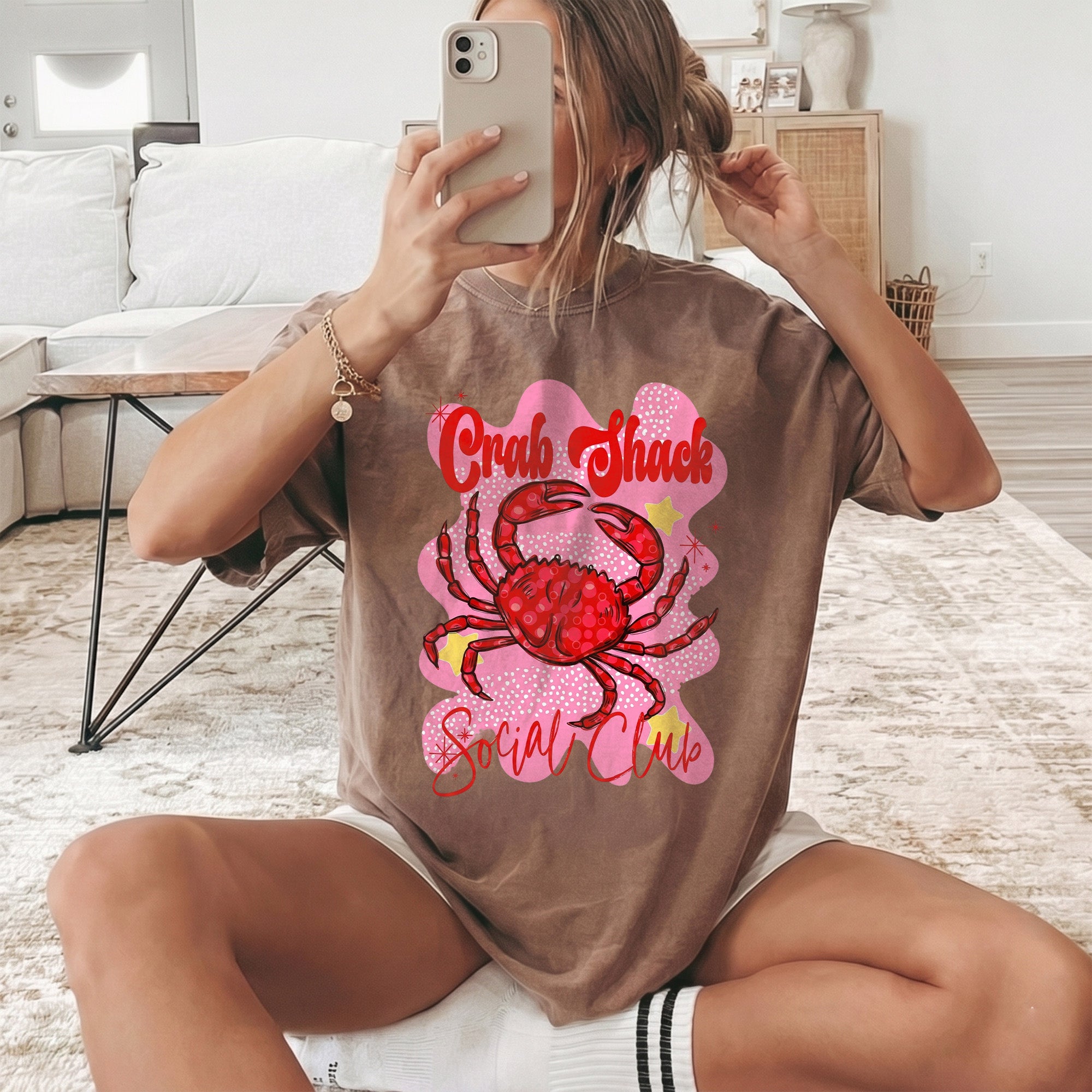 Bojjico Crab Shack Social Club Graphic T-Shirt For Women Retro Coastal Preppy Summer Aesthetic Light Yellow Cotton Tee Funny Crabby Beach Vacation Shirt Coquette Ocean Life Apparel Trendy Spring Break Graphic Top