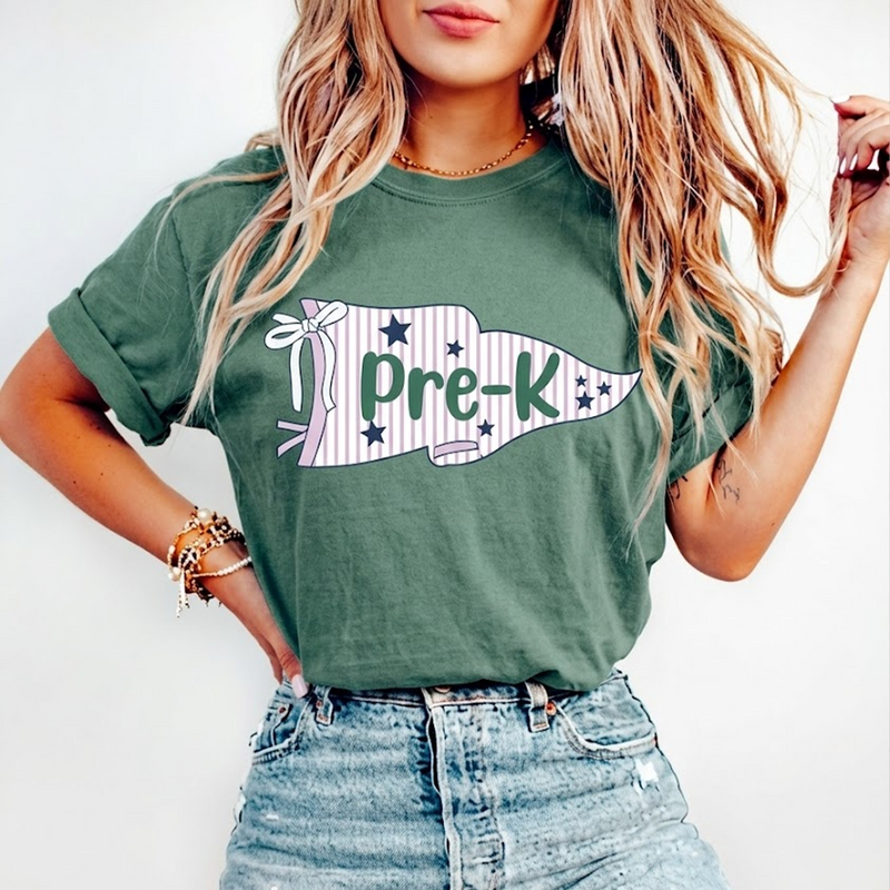 BojjCo Retro Custom Teacher Team Pennant Flag T-Shirt For Educator And Counselor Coquette Bow Aesthetic Garment Dyed Cotton Vintage Back To School Spirit Crewneck Graphic Top Casual Friday Matching Group Outfit
