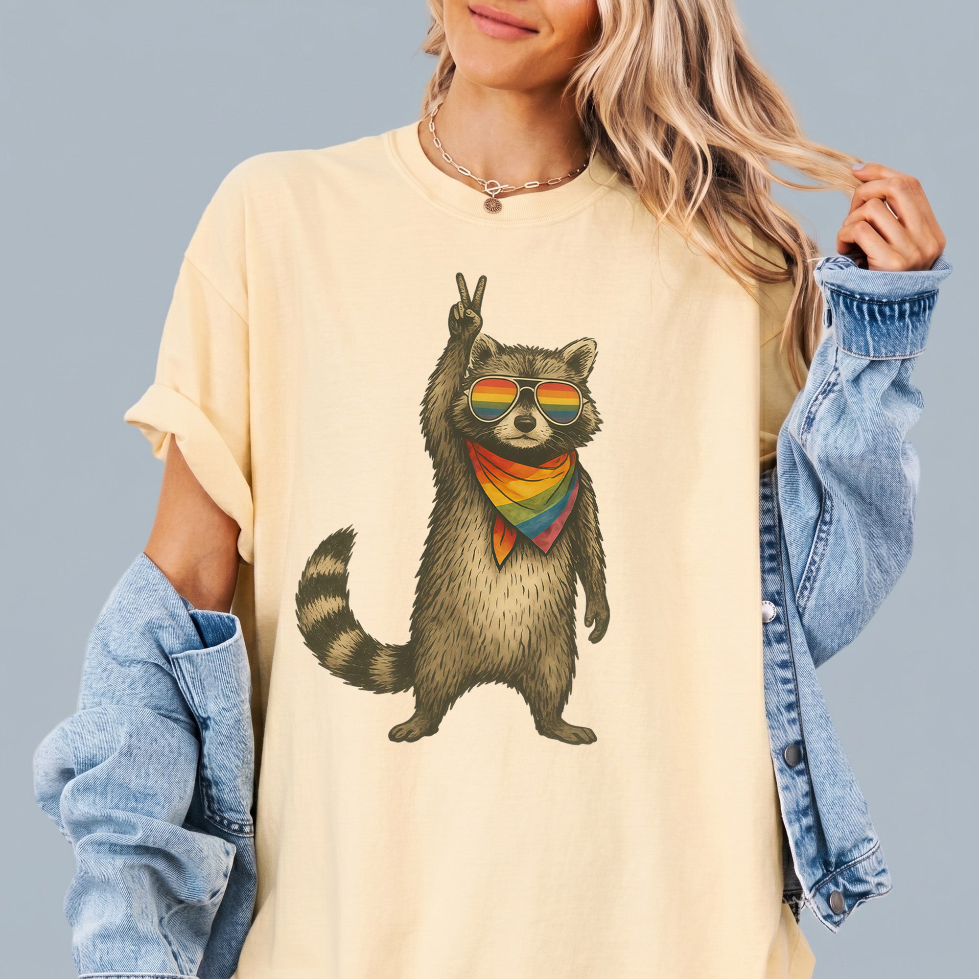 Bojjico Raccoon Pride LGBT Shirt Oversized Graphic Tee Top Women's Y2K Casual Streetwear Funny Novelty Cream Off-White Cotton Blend LGBTQ Support Equality Shirt Pride Month Rainbow Flag Summer Short Sleeve Basic T-Shirt