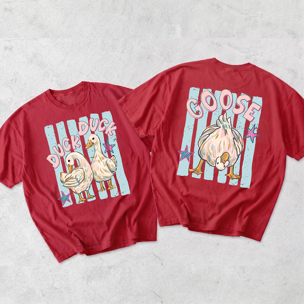 BojjiCo Trending Catch Phrase Shirt Duck Duck Goose Guess What Shirt Cute Brushstroke Duck Graphic Tee Summer Beach Vintage Tee Girly Boutique Tee Aesthetic Trendy Coppy Cute Birds Double Sided Print Short Sleeve T-Shirt