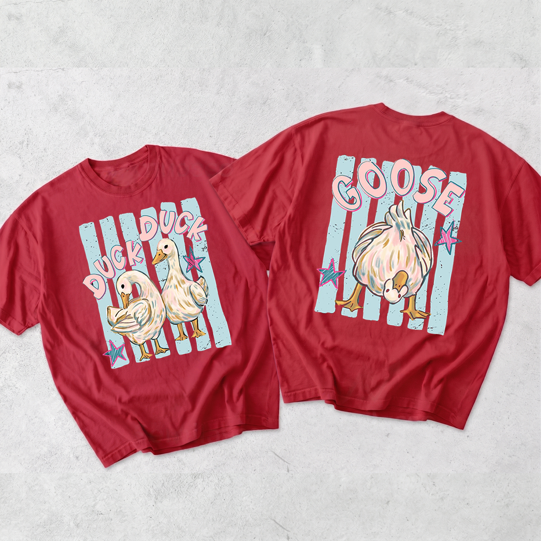 BojjiCo Trending Catch Phrase Shirt Duck Duck Goose Guess What Shirt Cute Brushstroke Duck Graphic Tee Summer Beach Vintage Tee Girly Boutique Tee Aesthetic Trendy Coppy Cute Birds Double Sided Print Short Sleeve T-Shirt