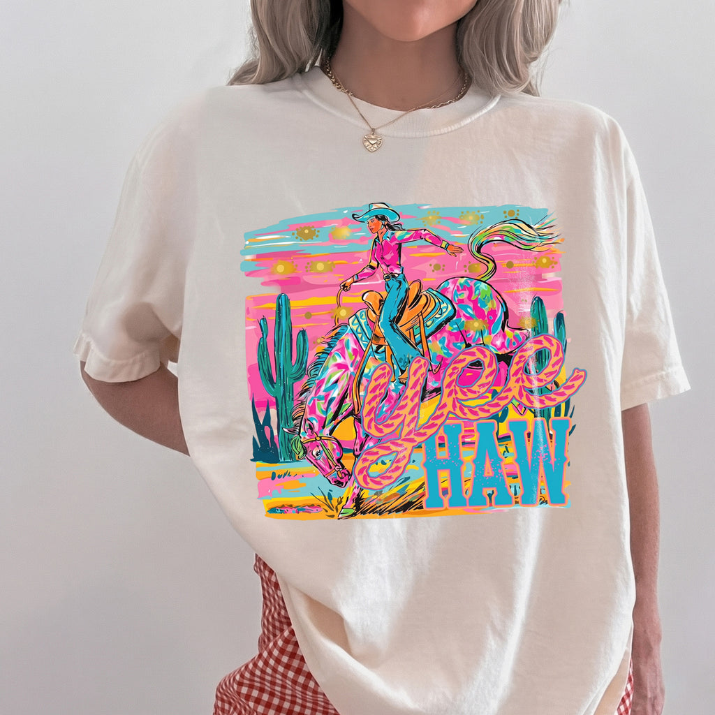Bojjico Neon Yeehaw Graphic Oversized T-Shirt For Women Retro Westerncore Electric Cowgirl Cream Cotton Blend Trendy Country Concert Outfit Preppy Y2K Festival Top Rodeo Night Nashville Bachelorette Party Boutique Tee