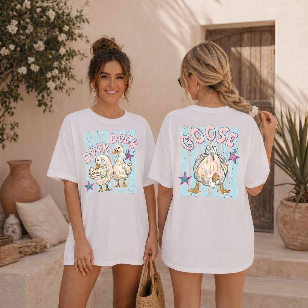 BojjiCo Trending Catch Phrase Shirt Duck Duck Goose Guess What Shirt Cute Brushstroke Duck Graphic Tee Summer Beach Vintage Tee Girly Boutique Tee Aesthetic Trendy Coppy Cute Birds Double Sided Print Short Sleeve T-Shirt