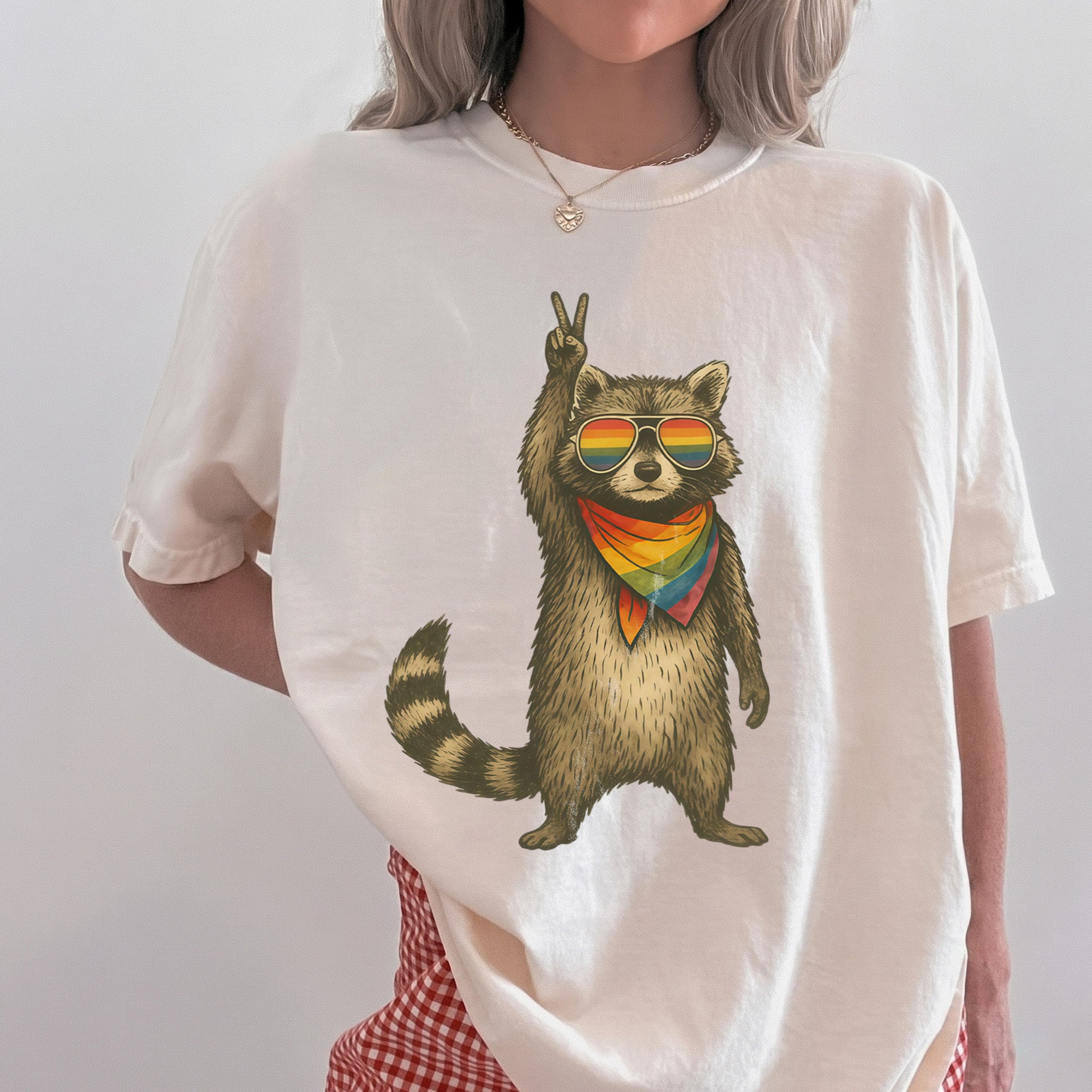 Bojjico Raccoon Pride LGBT Shirt Oversized Graphic Tee Top Women's Y2K Casual Streetwear Funny Novelty Cream Off-White Cotton Blend LGBTQ Support Equality Shirt Pride Month Rainbow Flag Summer Short Sleeve Basic T-Shirt