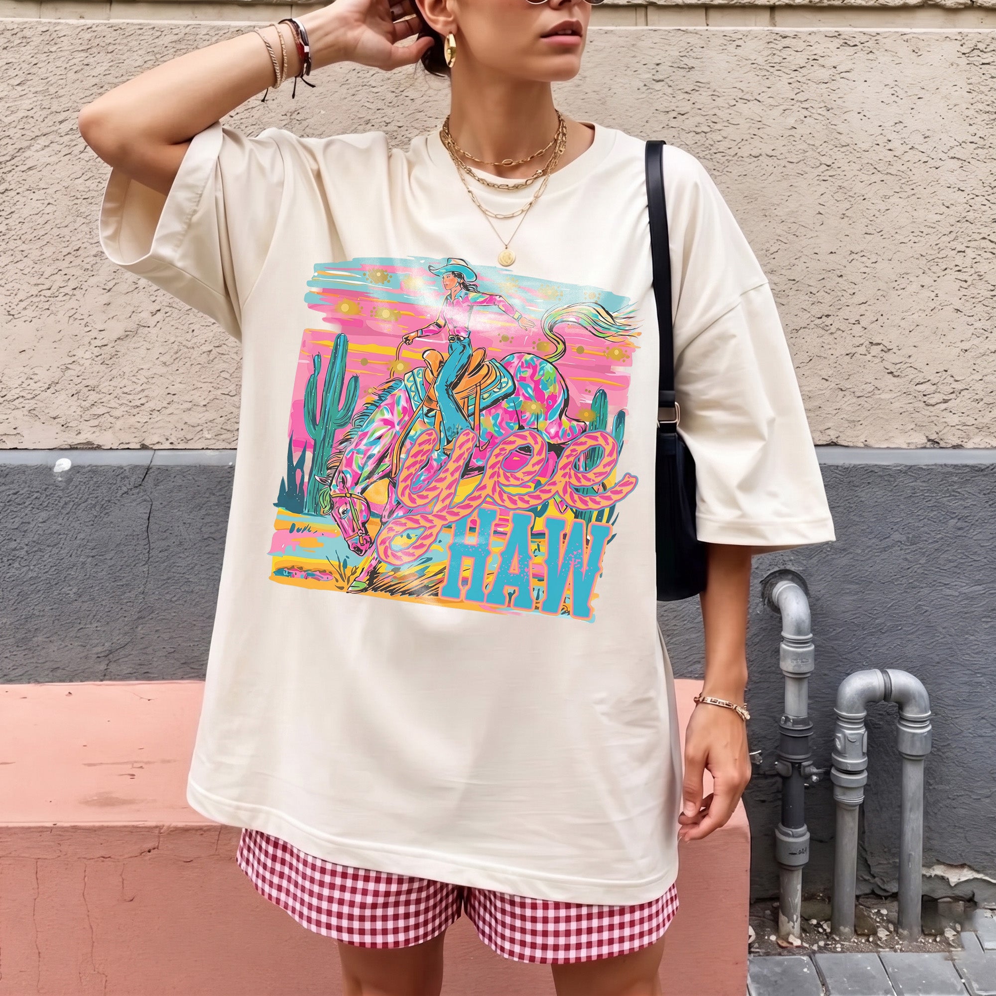 Bojjico Neon Yeehaw Graphic Oversized T-Shirt For Women Retro Westerncore Electric Cowgirl Cream Cotton Blend Trendy Country Concert Outfit Preppy Y2K Festival Top Rodeo Night Nashville Bachelorette Party Boutique Tee
