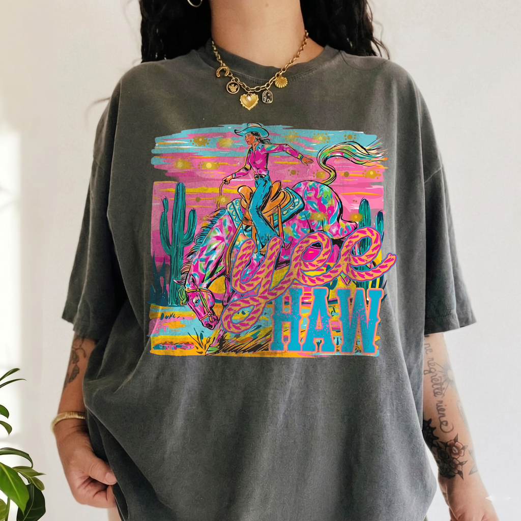 Bojjico Neon Yeehaw Graphic Oversized T-Shirt For Women Retro Westerncore Electric Cowgirl Cream Cotton Blend Trendy Country Concert Outfit Preppy Y2K Festival Top Rodeo Night Nashville Bachelorette Party Boutique Tee