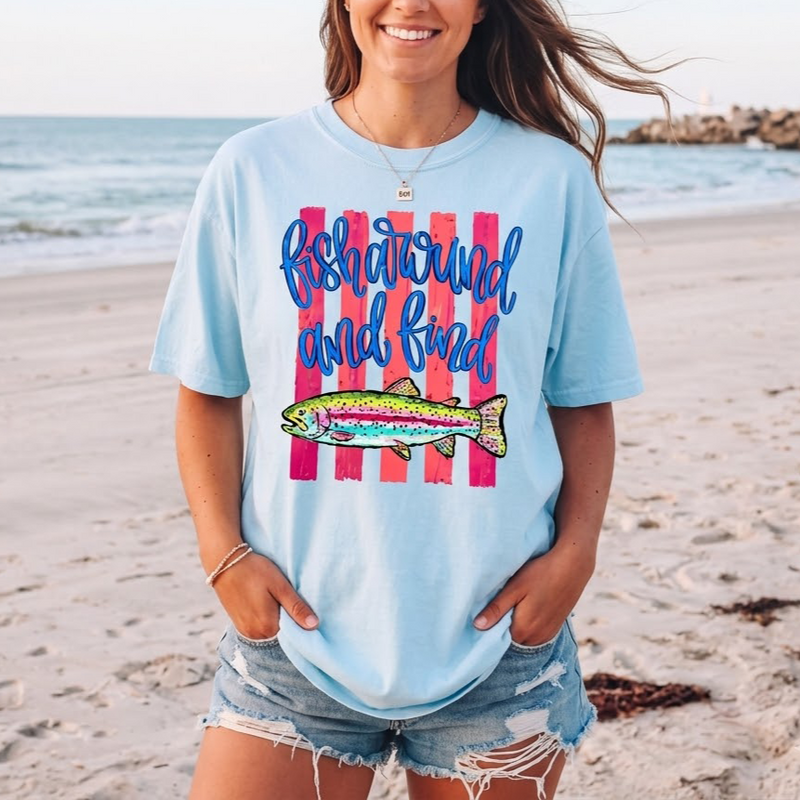 Fish Around And Find Out T-Shirt Preppy Coastal Trout Fishing Aesthetic Light Pink Cotton Oversized Fit Short Sleeve Crew Neck Rainbow Fish Funny Meme Quote Girly Fishing Lover Beach Shirt Boat Day Girl Trip