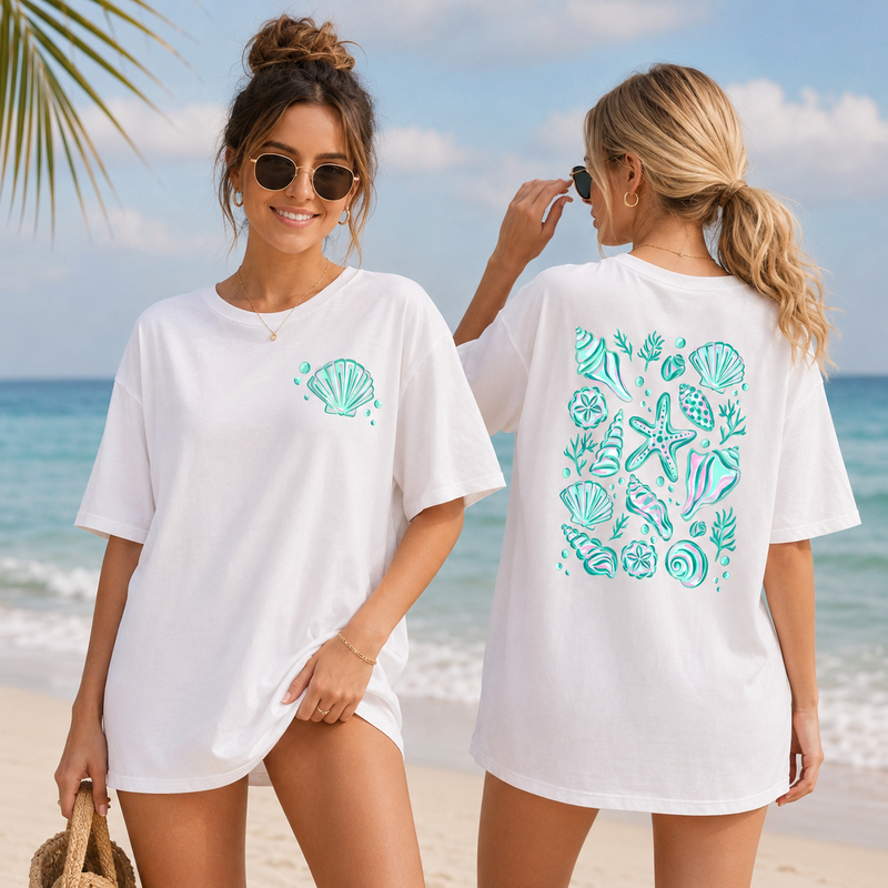 Seashell Girl Trip Graphic Tee T-Shirt For Beachcore Preppy Coastal Aesthetic Cotton Front And Back Coastal Beach Shell Print Vacation Summer Tee Shirt Starfish Top