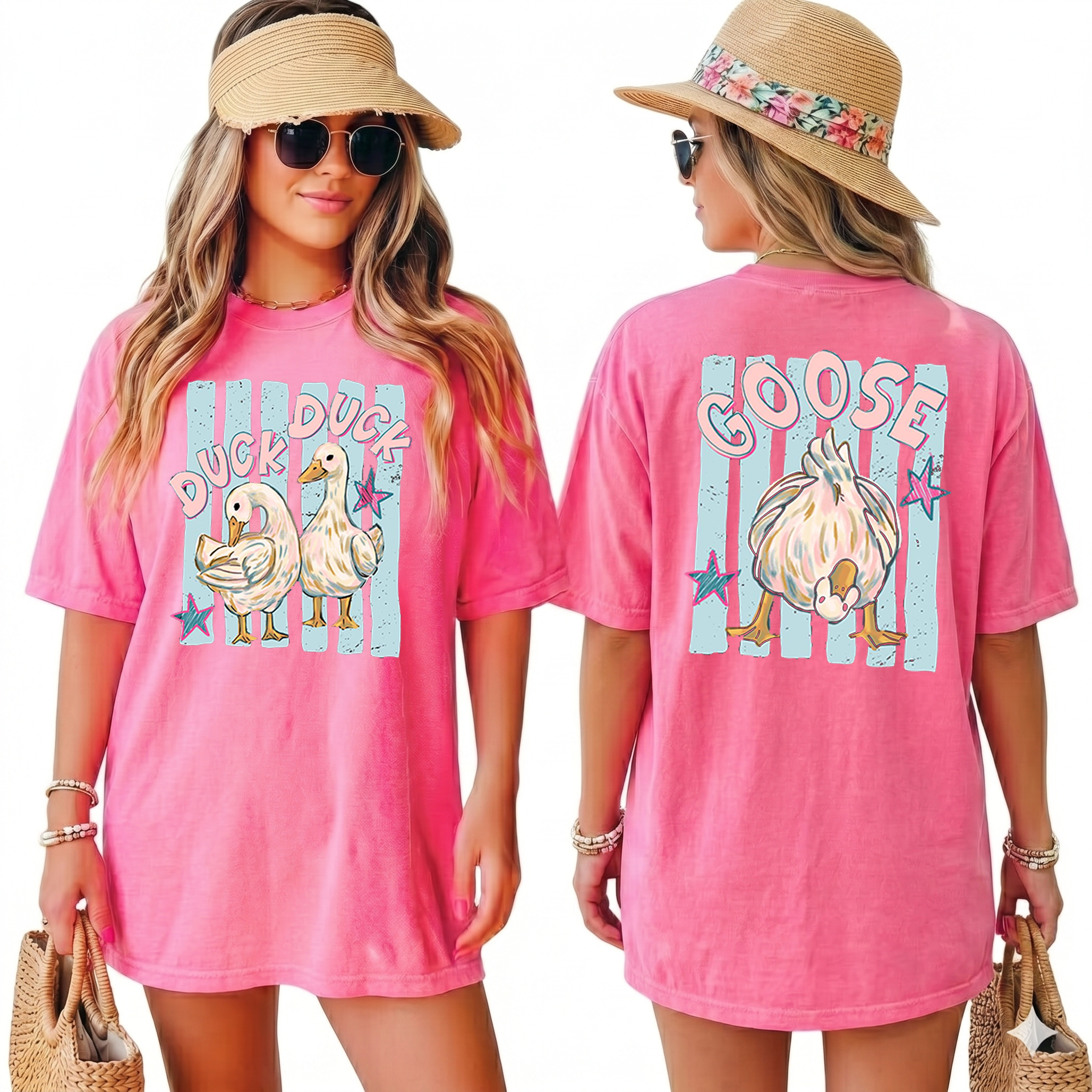 BojjiCo Trending Catch Phrase Shirt Duck Duck Goose Guess What Shirt Cute Brushstroke Duck Graphic Tee Summer Beach Vintage Tee Girly Boutique Tee Aesthetic Trendy Coppy Cute Birds Double Sided Print Short Sleeve T-Shirt