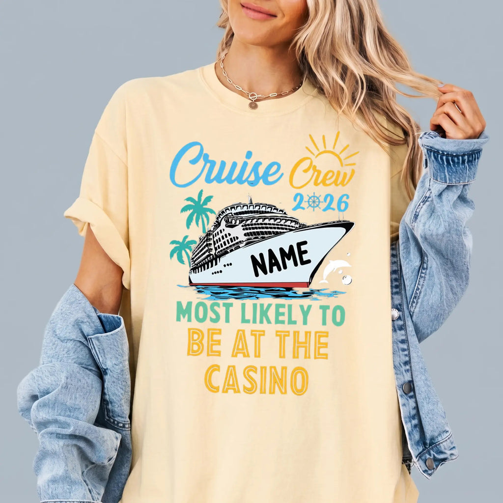Bojjico Custom Cruise Crew 2026 Matching Group T-Shirt For Women Funny Most Likely To Casino Graphic Tee Preppy Bridal Swimwear Beach Cover Up Bachelorette Honeymoon Gift Light Yellow Cotton Personalized Bride Vacation Top