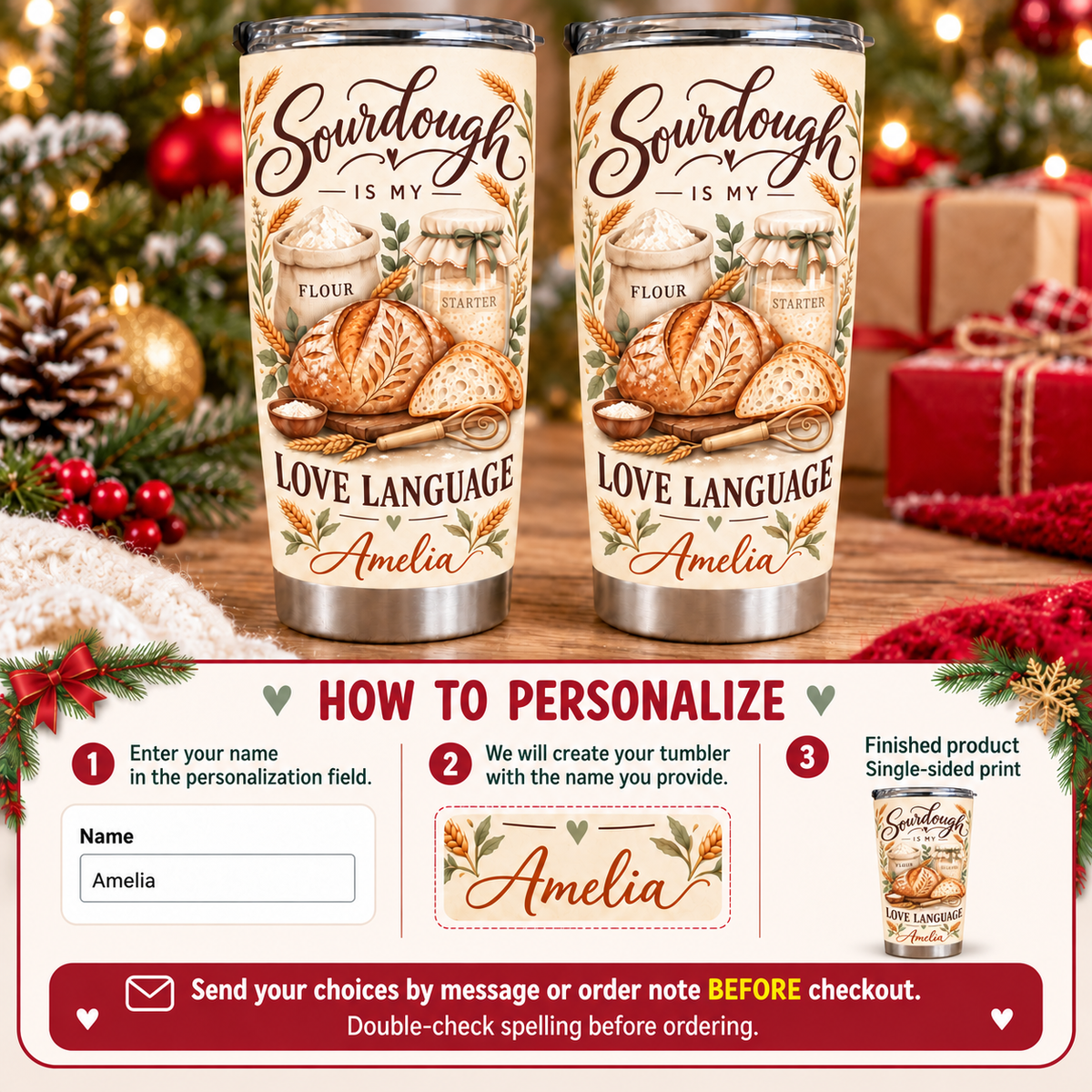 Personalized sourdough tumbler with bread design and instructions for adding a custom name.
